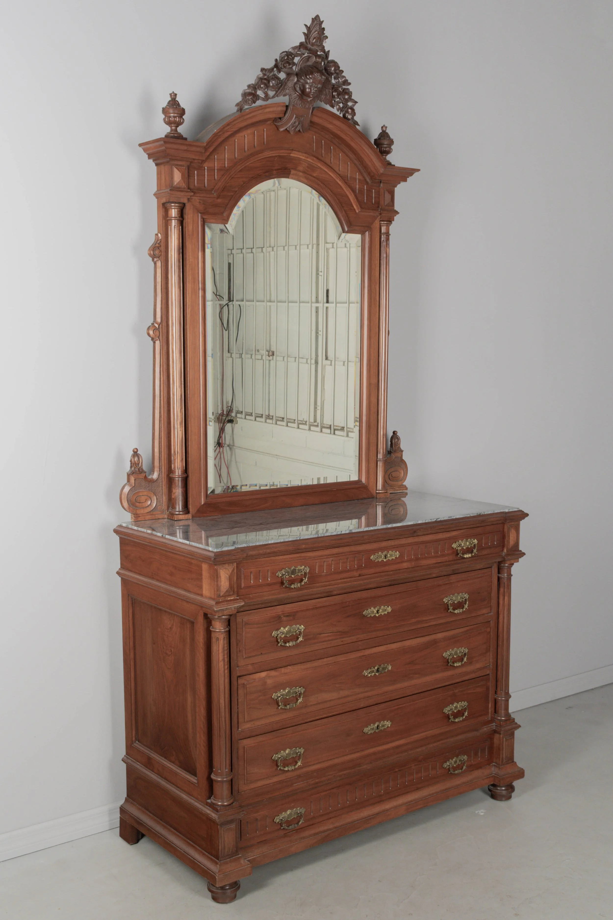 Italian Walnut Marble Top Dresser and Mirror