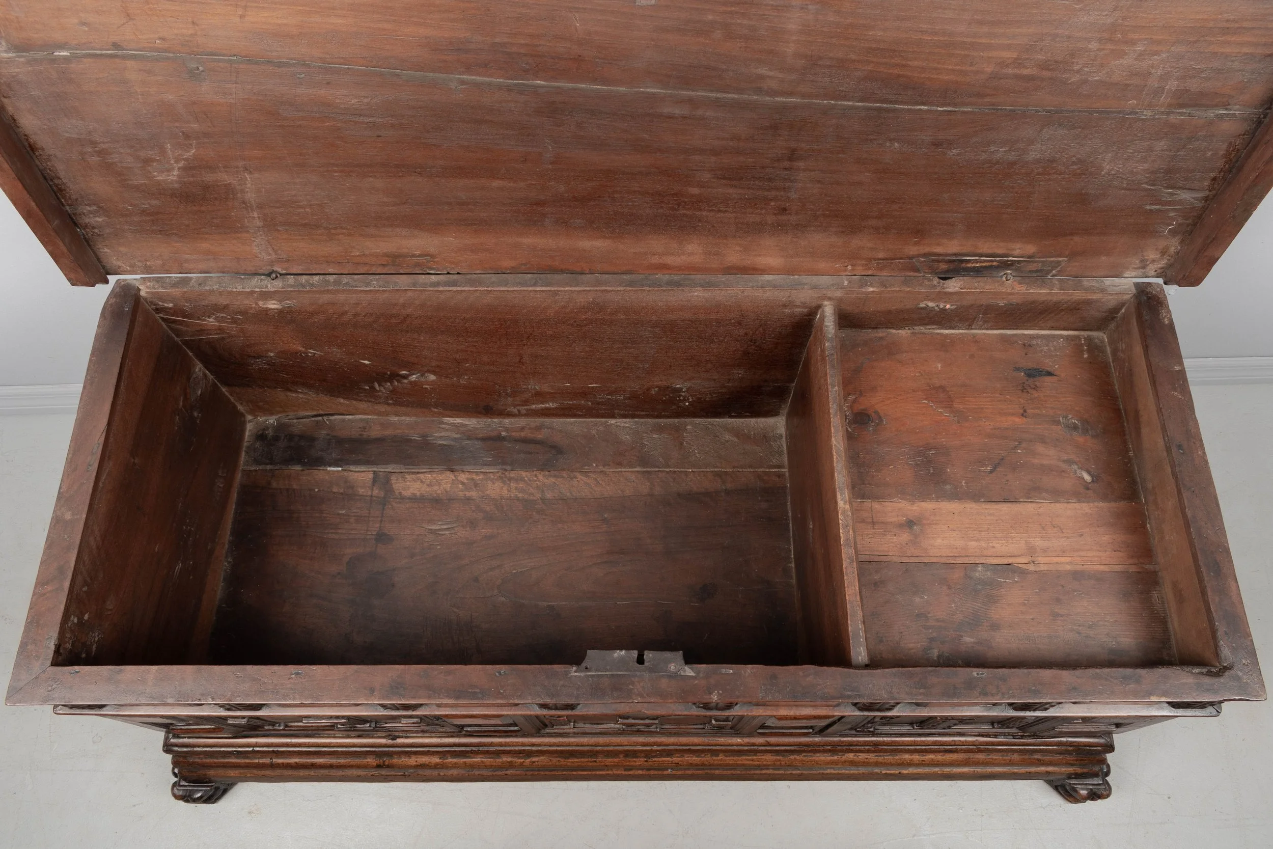 A suberb 18th century Italian Rennaissance style Baroque cassone, or marriage chest, made of solid walnut.