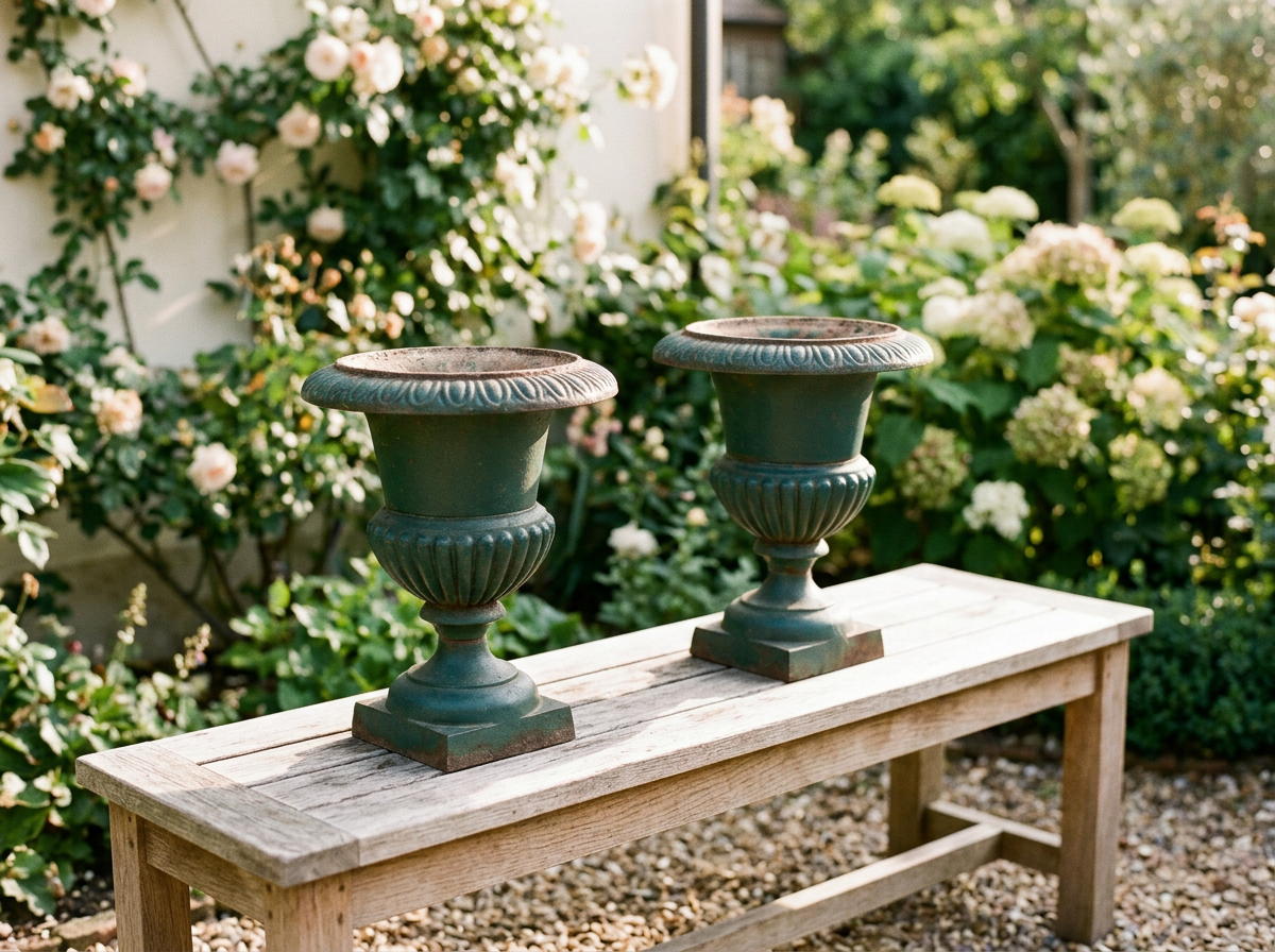 Pair of French Cast Iron Garden Urns