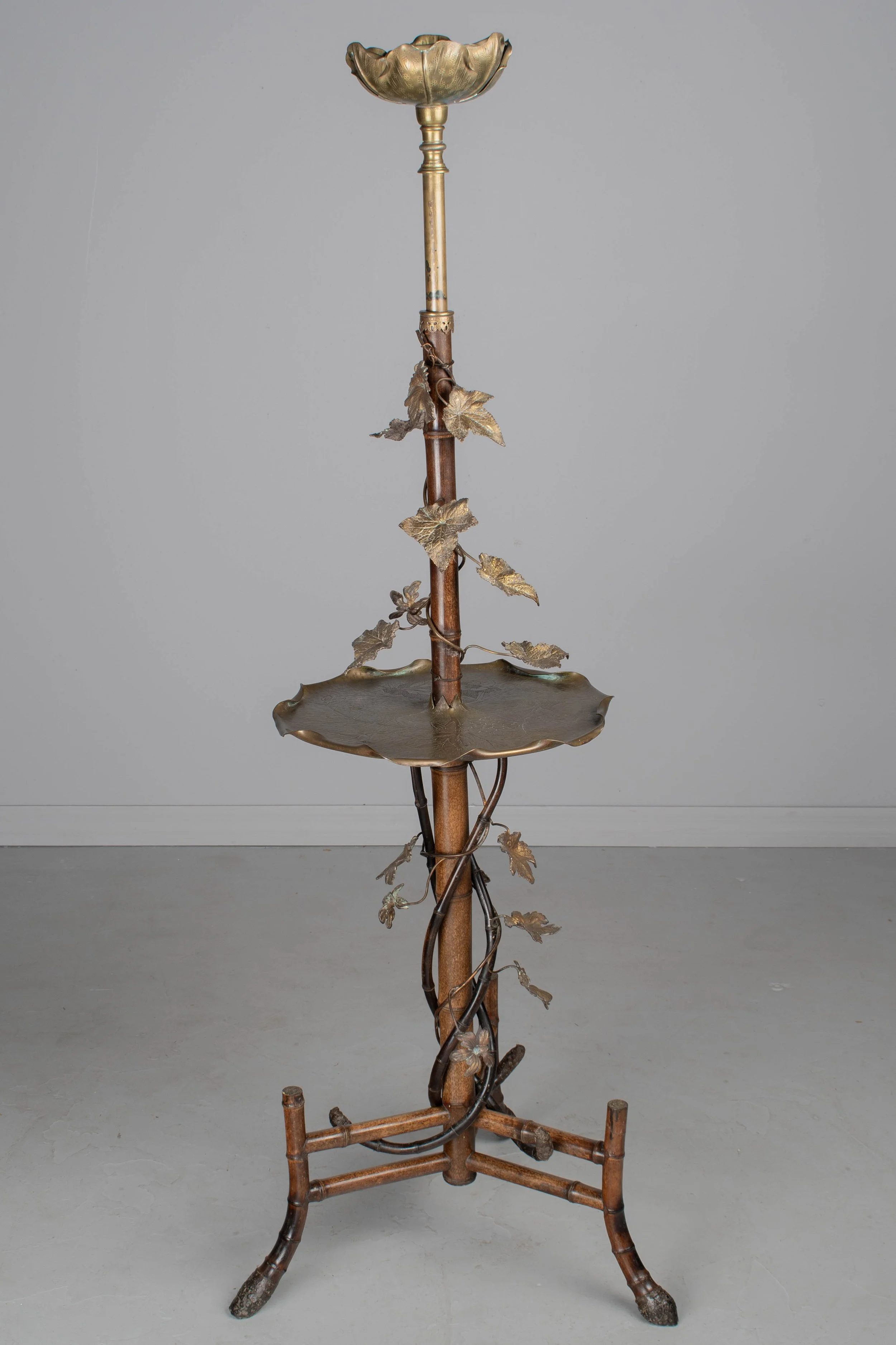 French Art Nouveau Bamboo Torchiere Floor Lamp with Table