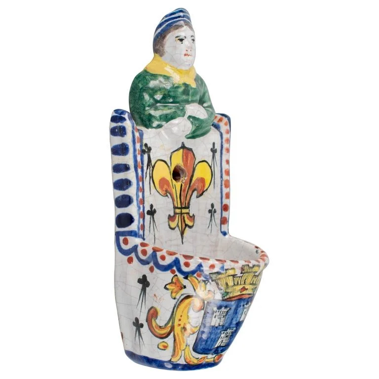 19th Century French Faience Bénitier, or Wall Pocket, Hand-Painted