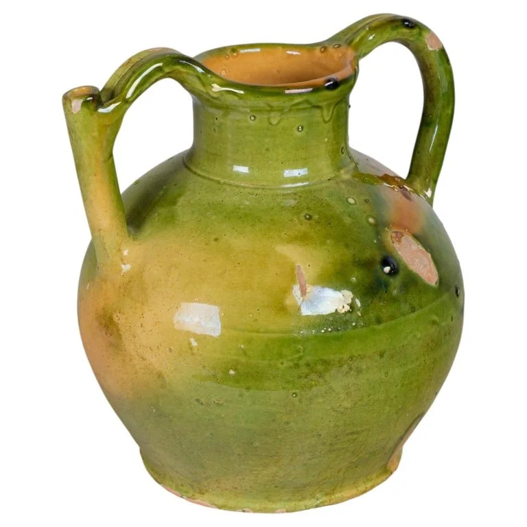 19th Century French Green Yellow Glazed Water Jug, Orjol