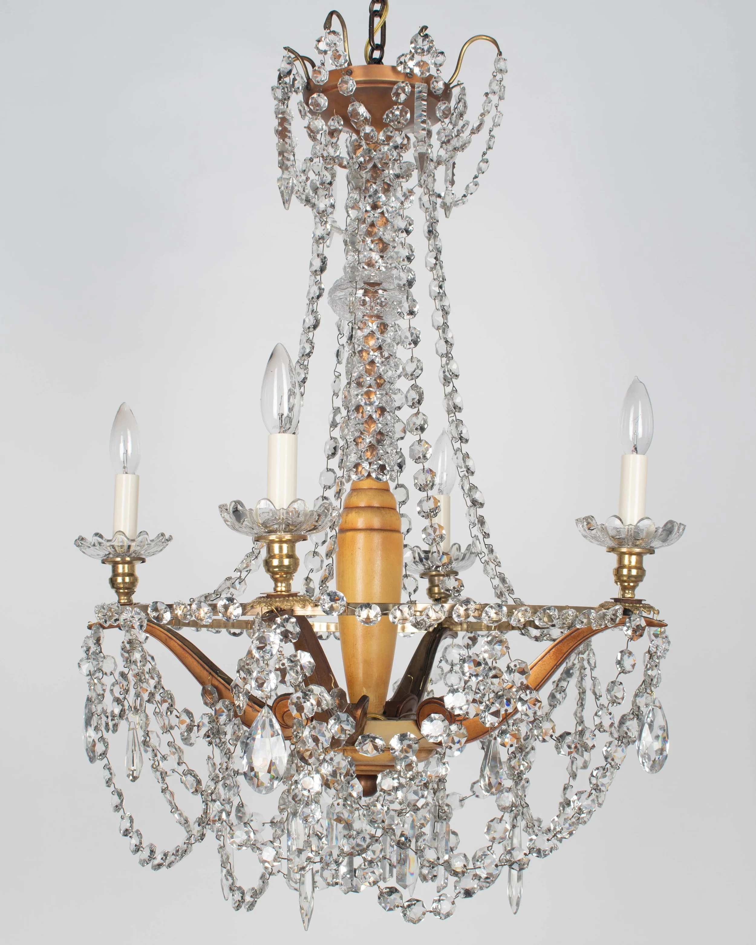 French Art Deco Brass and Crystal Chandelier 4 Lights