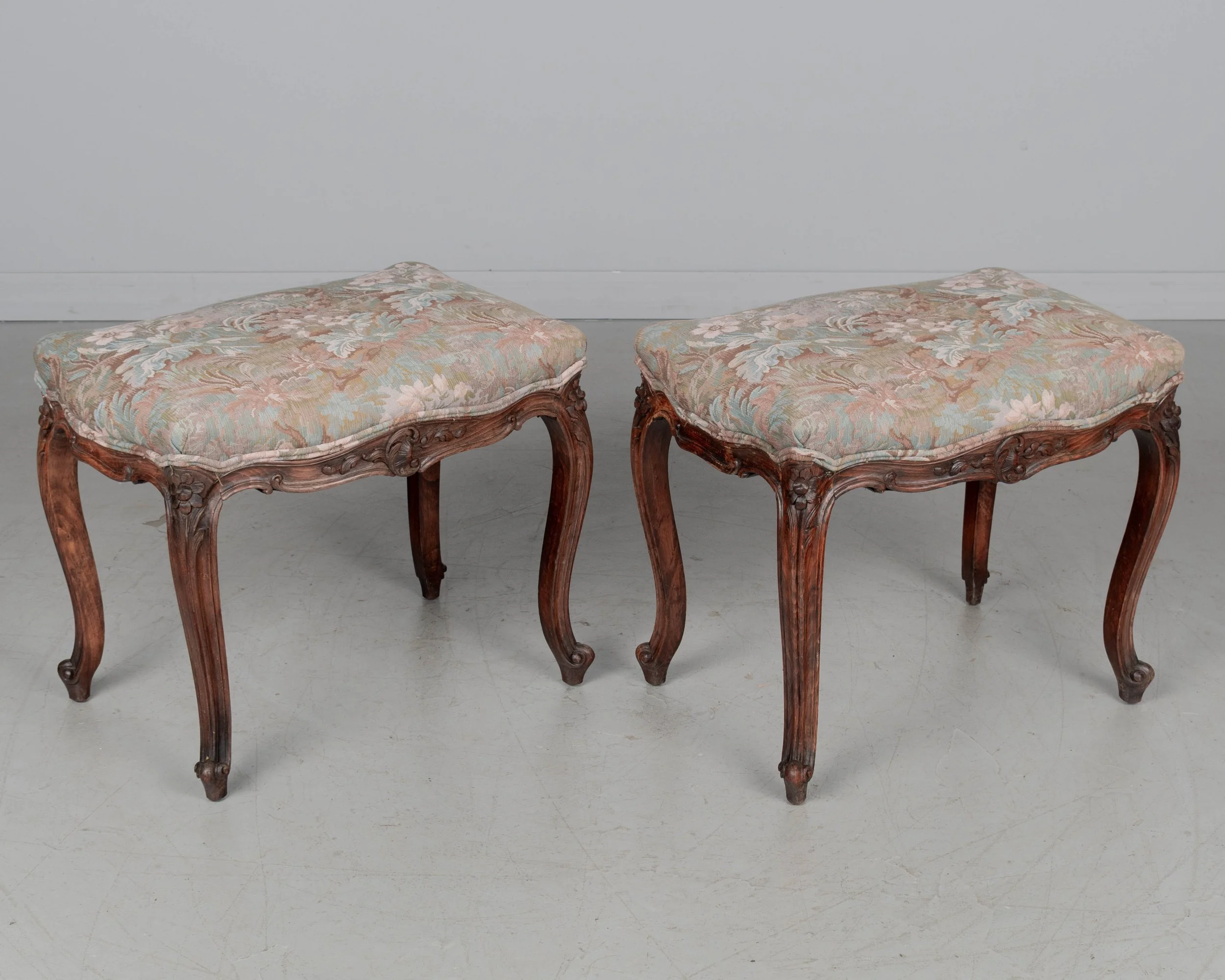 Pair of French Louis XV Style Stools, Carved Beechwood, 1920s