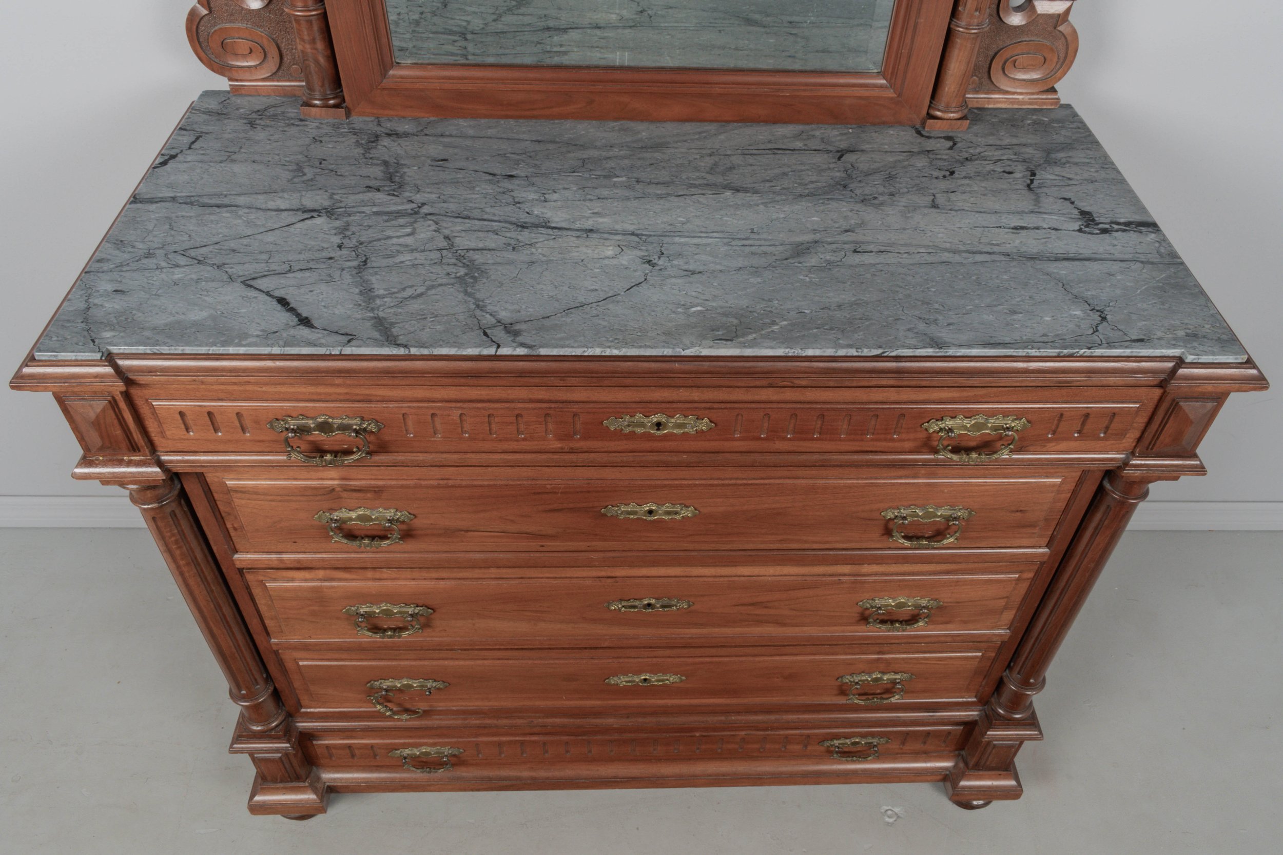 Italian Walnut Marble Top Dresser and Mirror