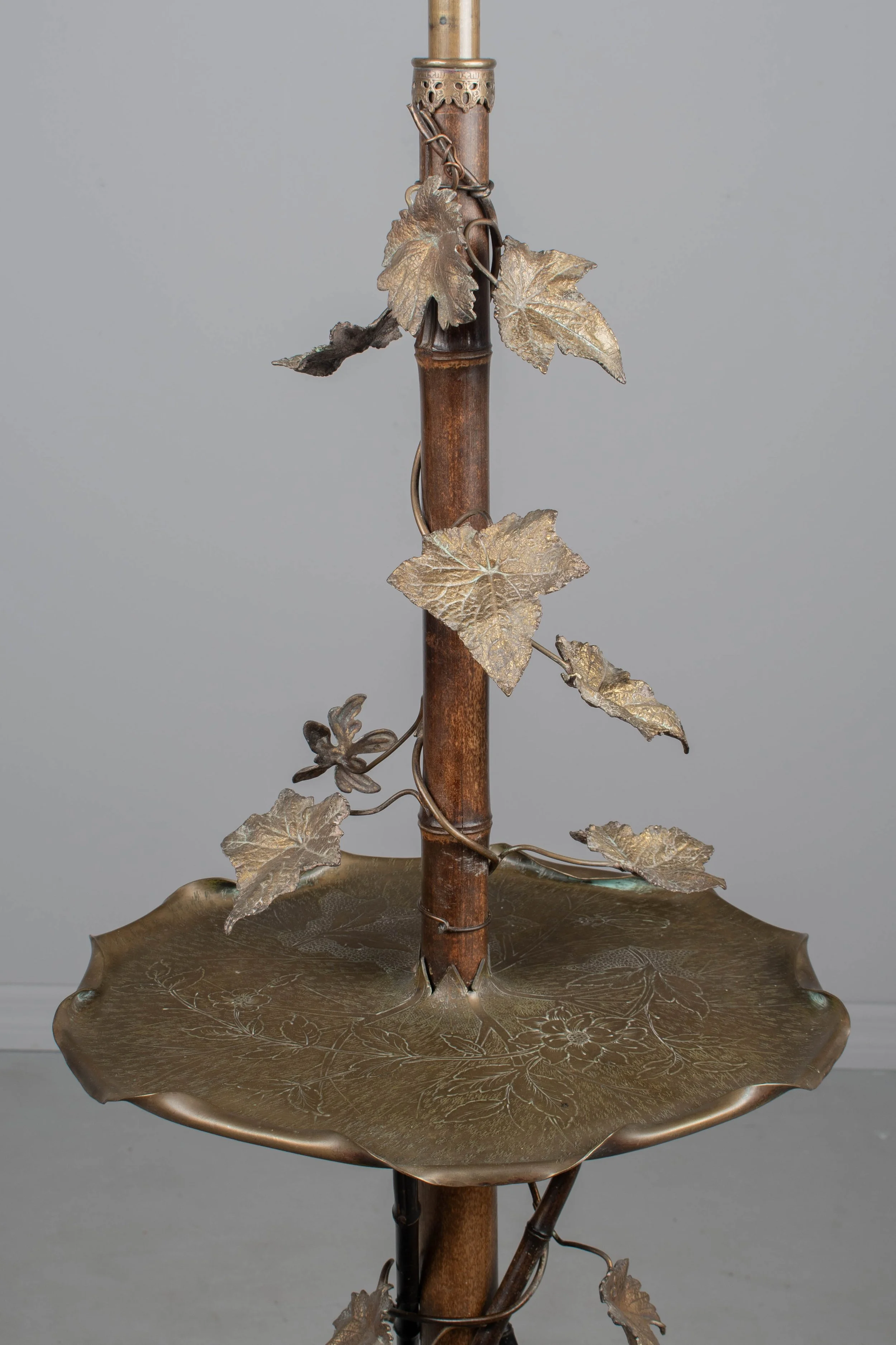 French Art Nouveau Bamboo Torchiere Floor Lamp with Table