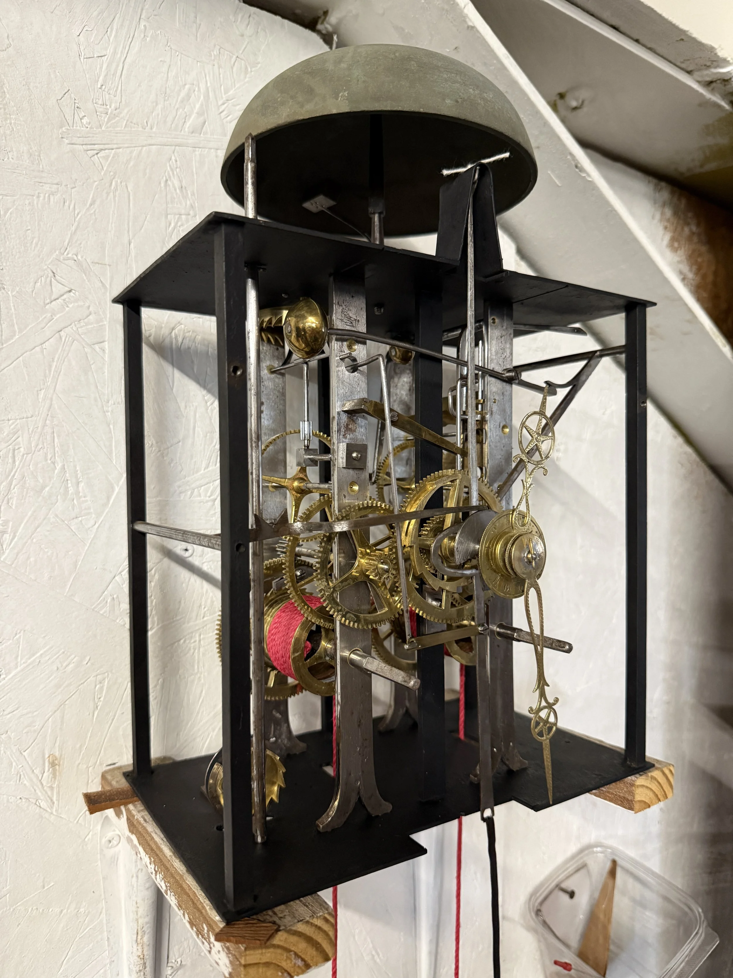 A late 19th century Morbier works for a tall case clock from Jobert Horloger at St Laurent Mâcon with brass embossment of Sun King