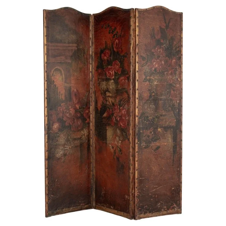Vintage Spanish Baroque Painted Leather Folding Screen