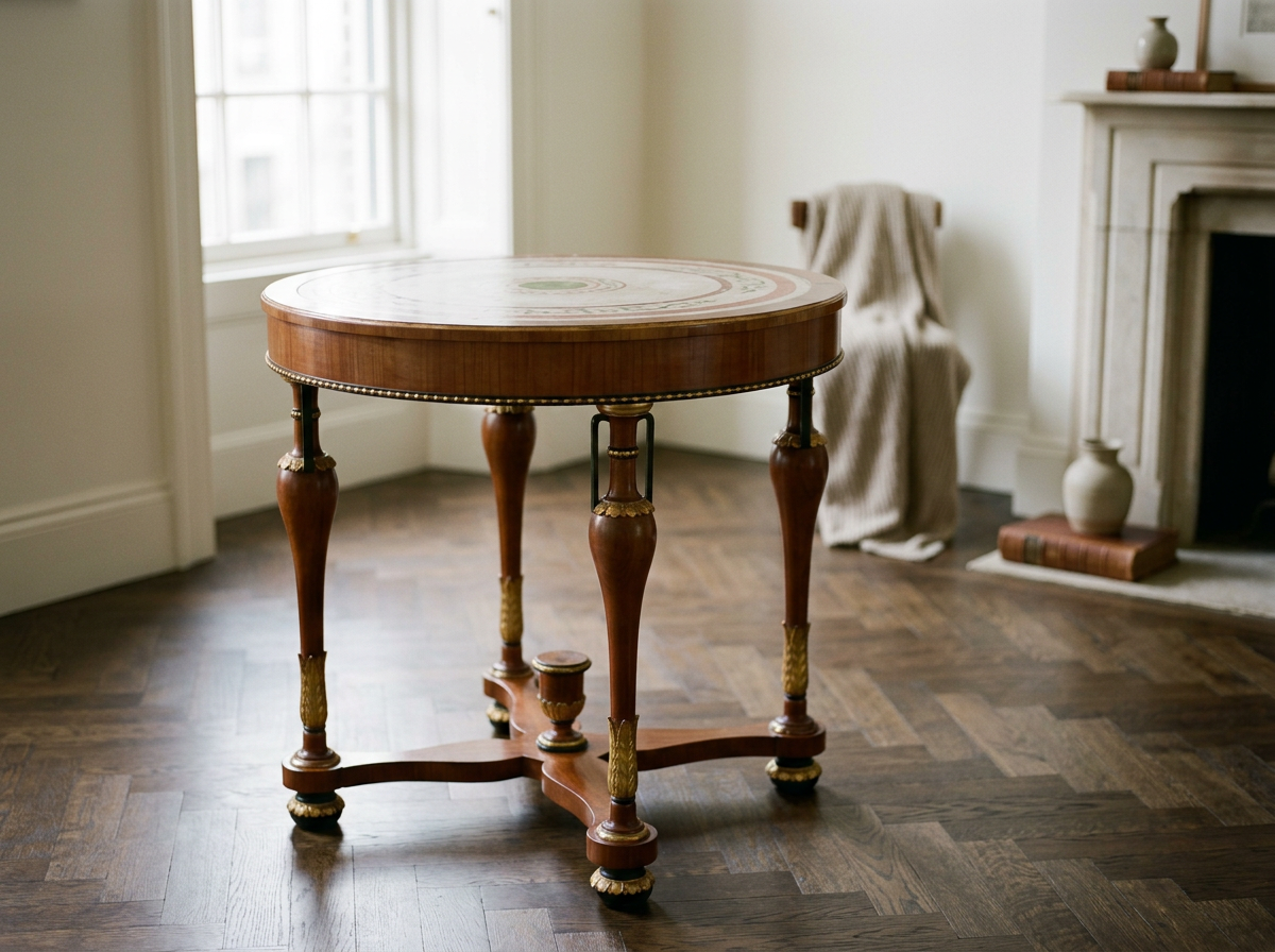An Italian Neoclassical circular center table made of solid and veneer of cherry.