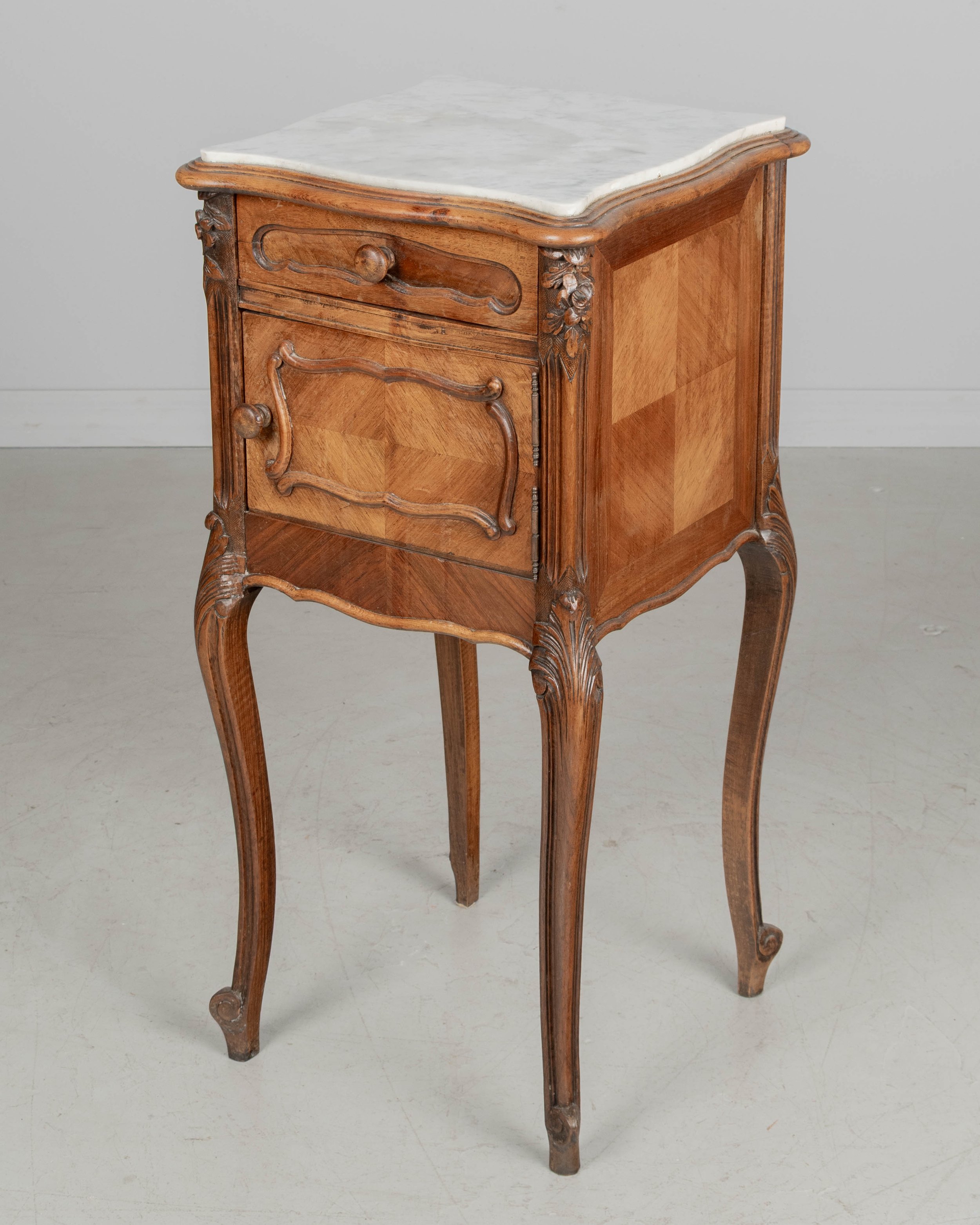 French Louis XV Style Nightstand, Walnut with Marble Top,