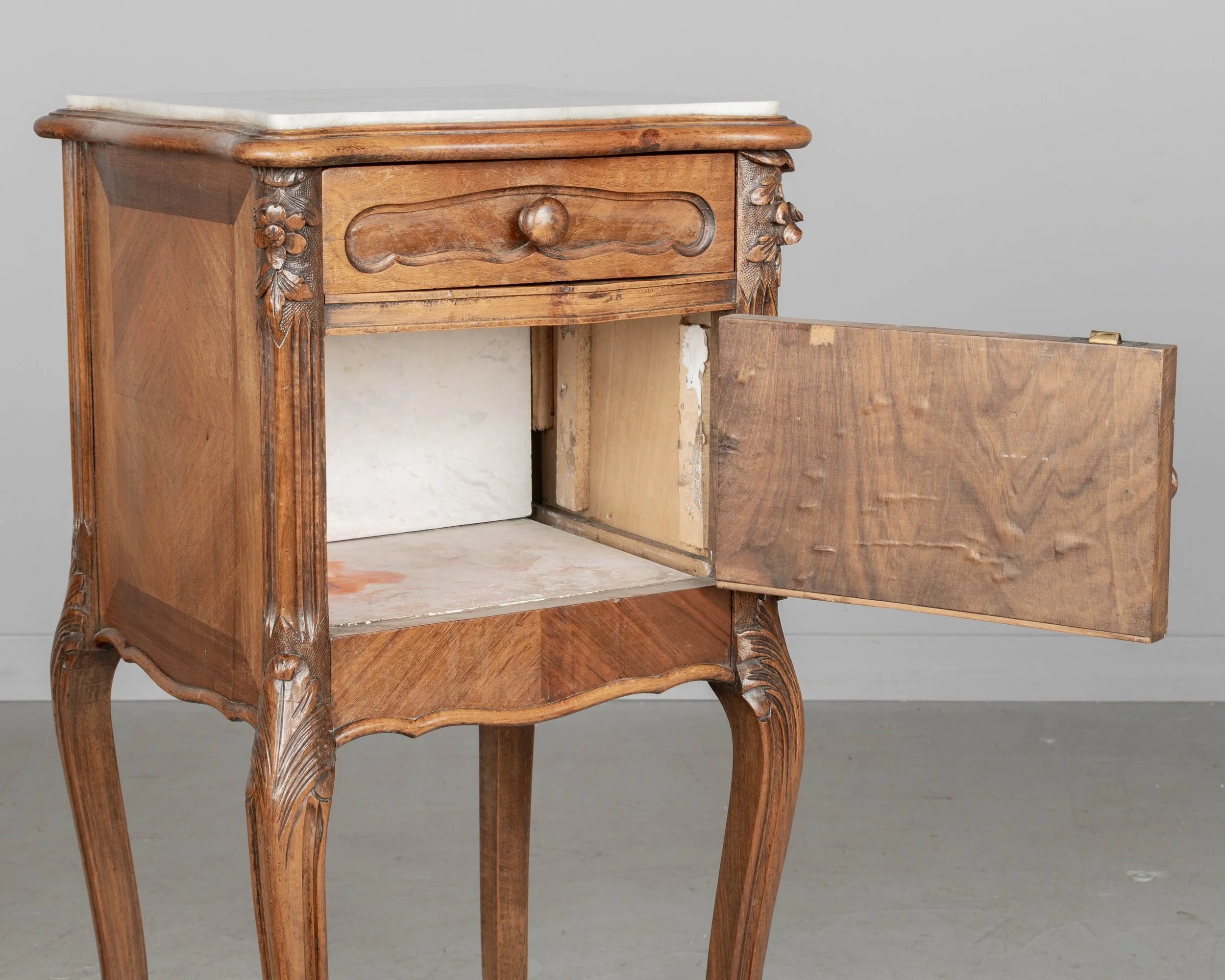French Louis XV Style Nightstand, Walnut with Marble Top,