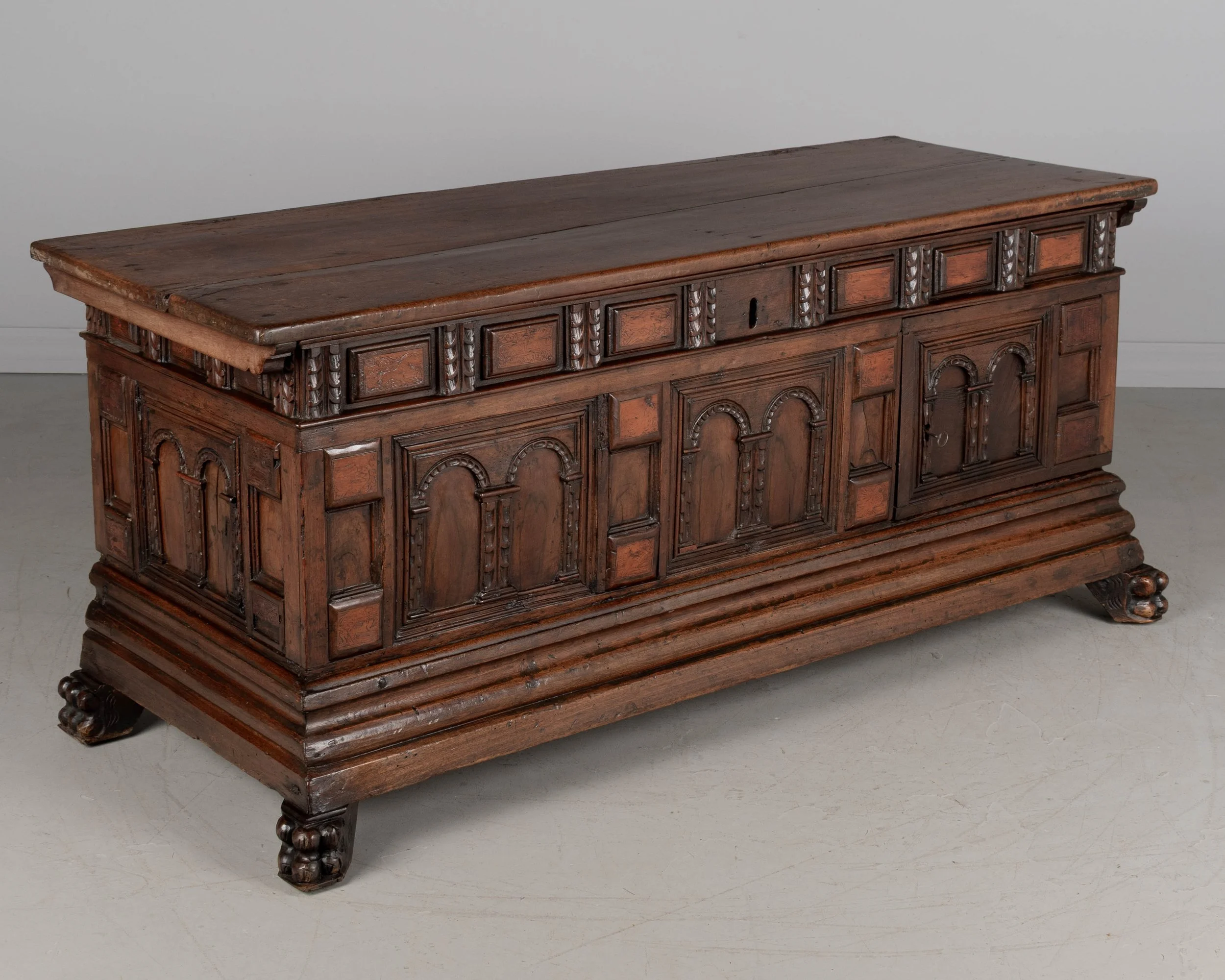 A suberb 18th century Italian Rennaissance style Baroque cassone, or marriage chest, made of solid walnut.