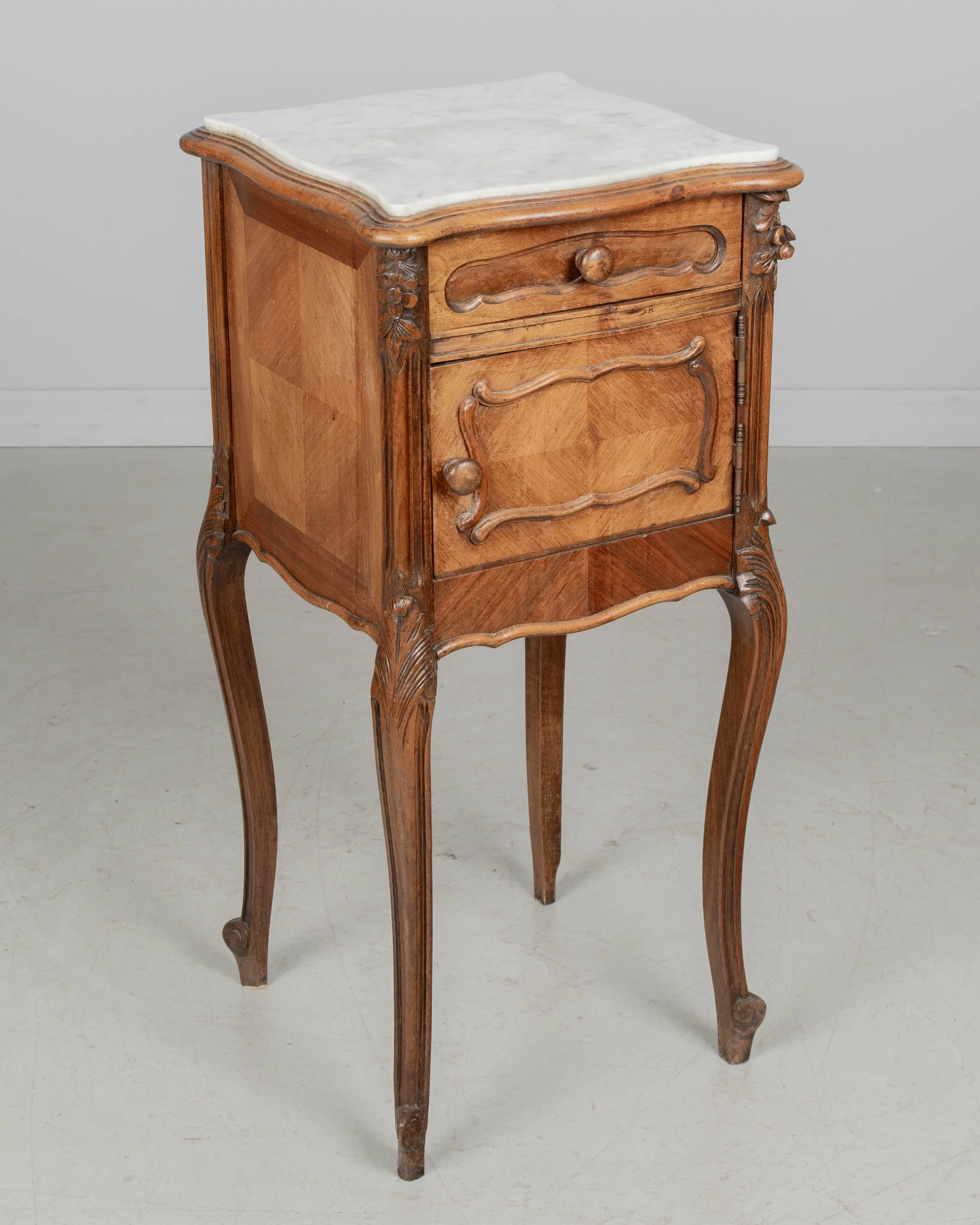 French Louis XV Style Nightstand, Walnut with Marble Top,