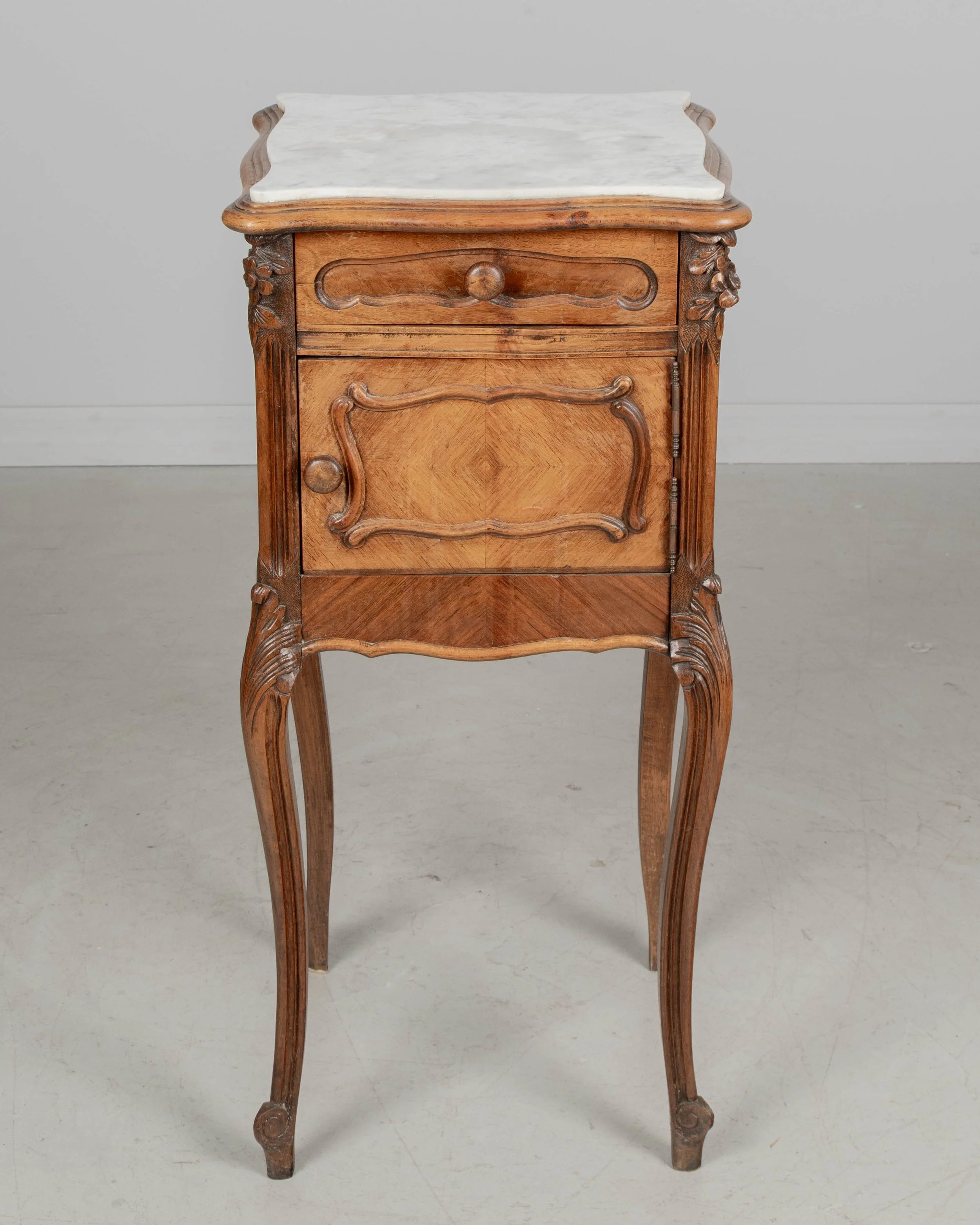 French Louis XV Style Nightstand, Walnut with Marble Top,