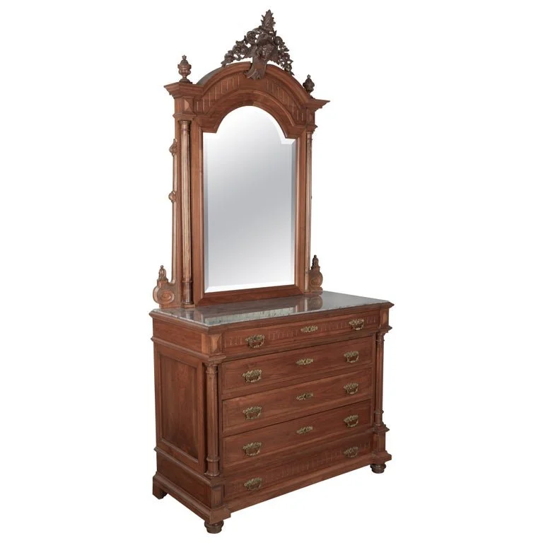 Italian Walnut Marble Top Dresser and Mirror