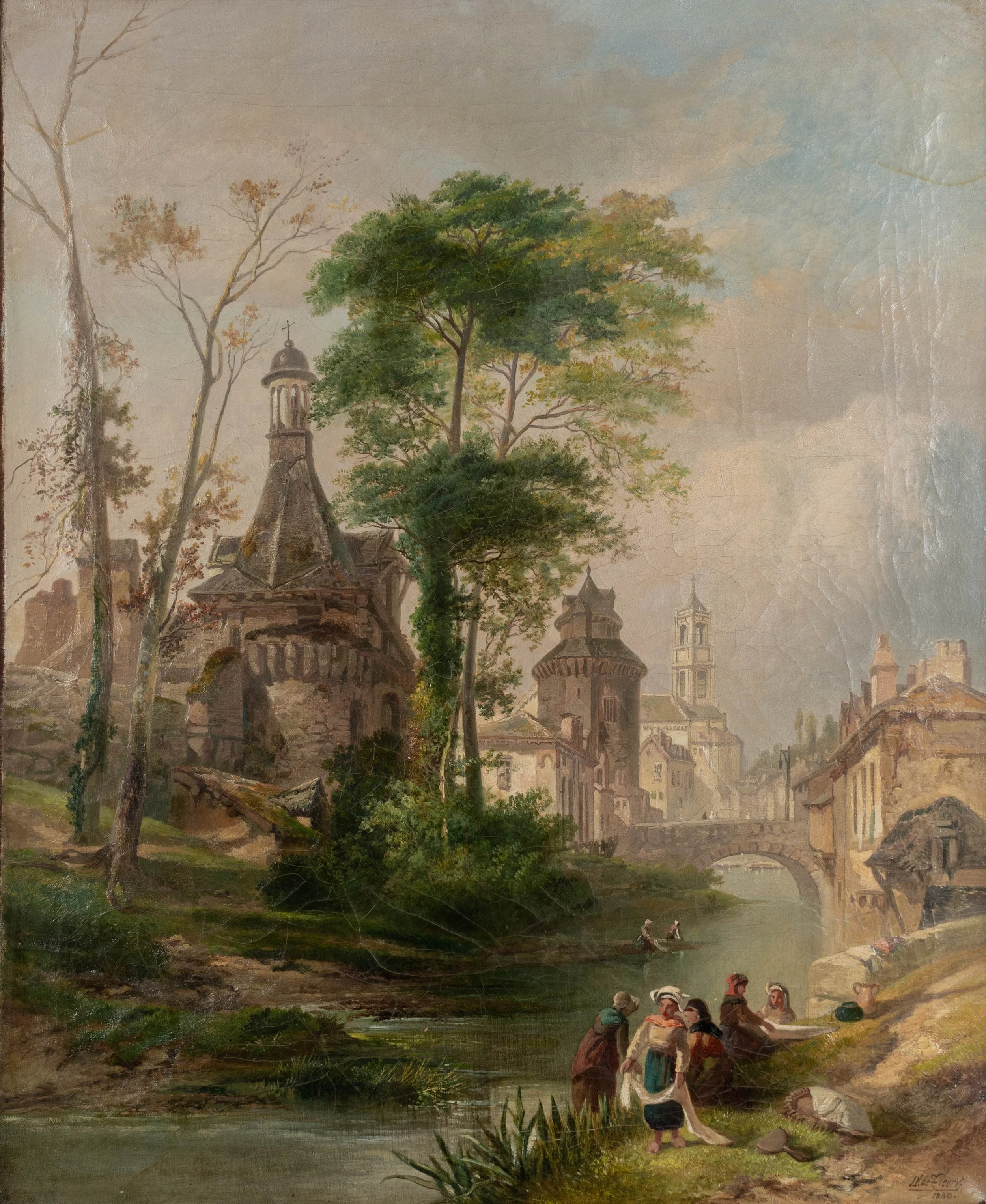 19th Century Painting by James Vivien de Fleury "Montfort, Brittany"