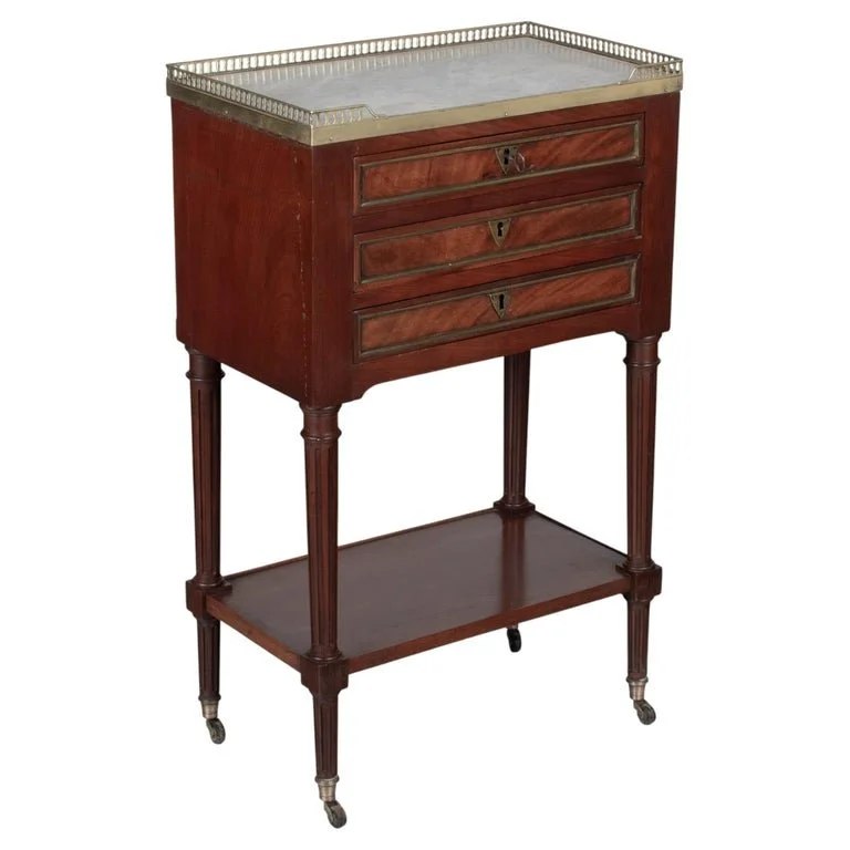 A 19th century French Louis XVI style marble top nightstand, or side table, made of veneers of mahogany with solid oak as a secondary wood