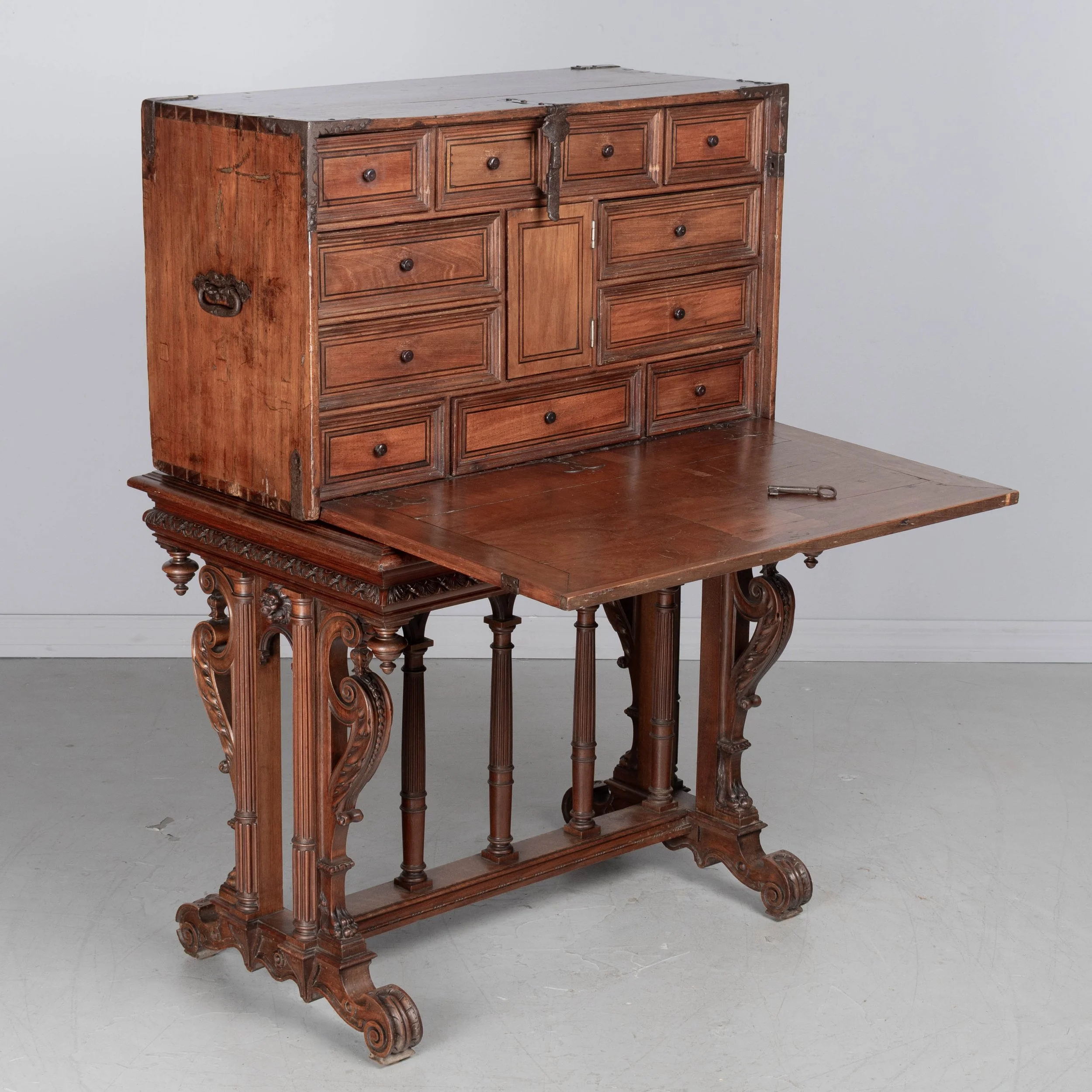 An early 19th century Spanish vargueno, or portable desk, made of hand-planed solid walnut