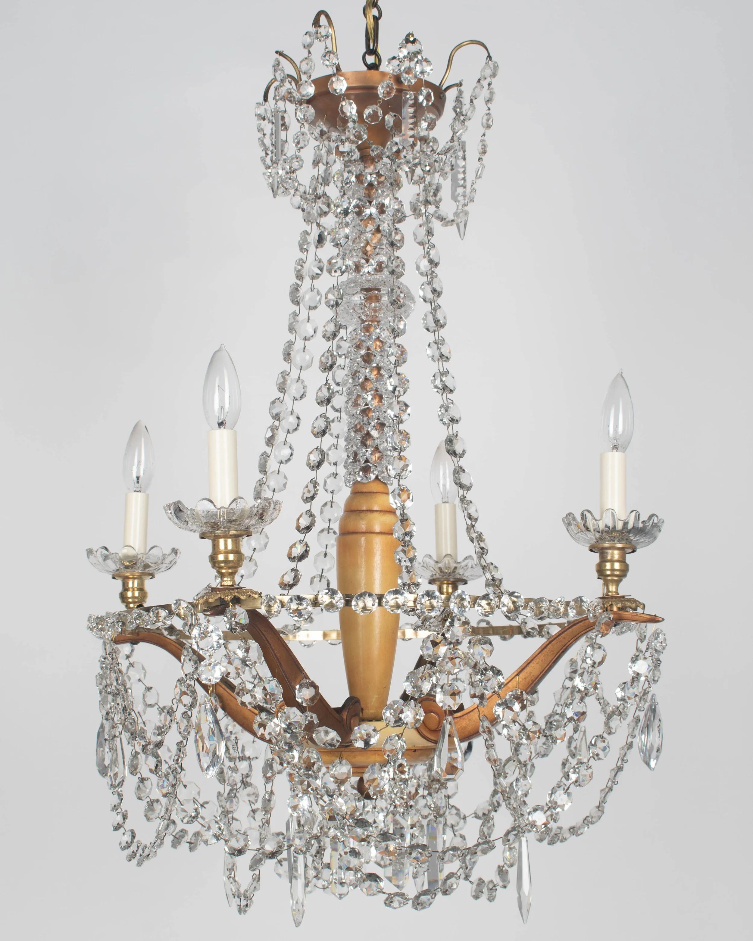 French Art Deco Brass and Crystal Chandelier 4 Lights
