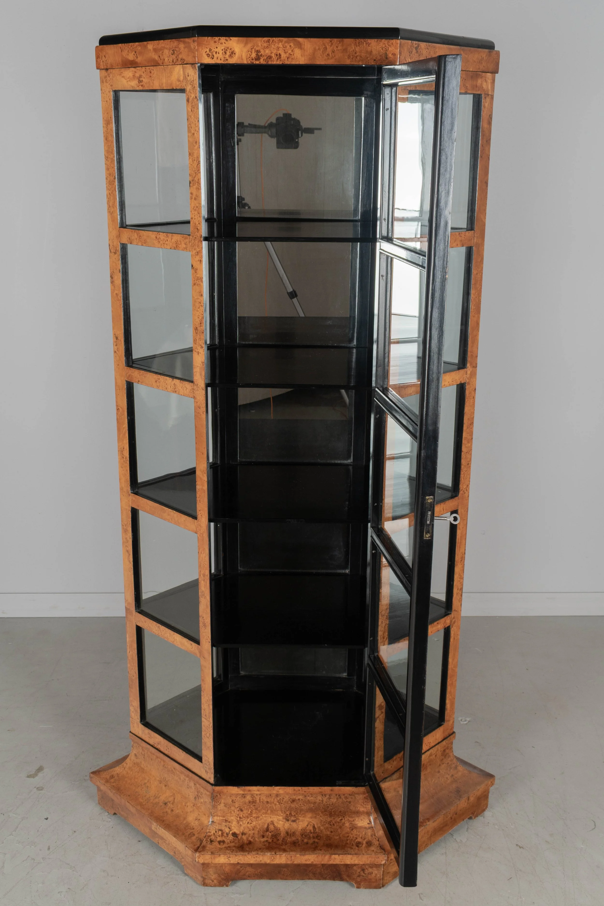 Biedermeier Hexagonal Vitrine, Elm Wood & Glass,