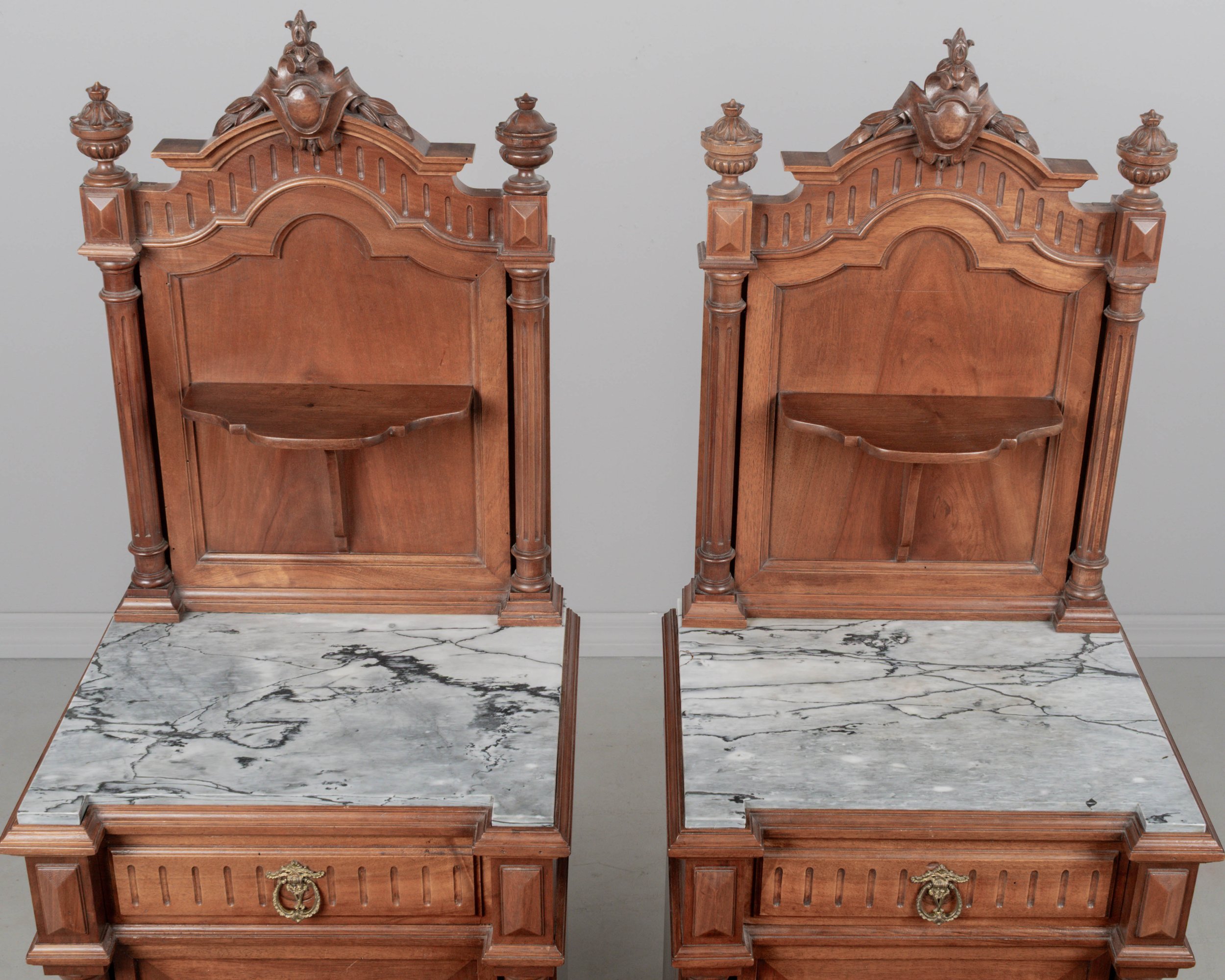 Pair of Italian Walnut Marble Top Nightstands