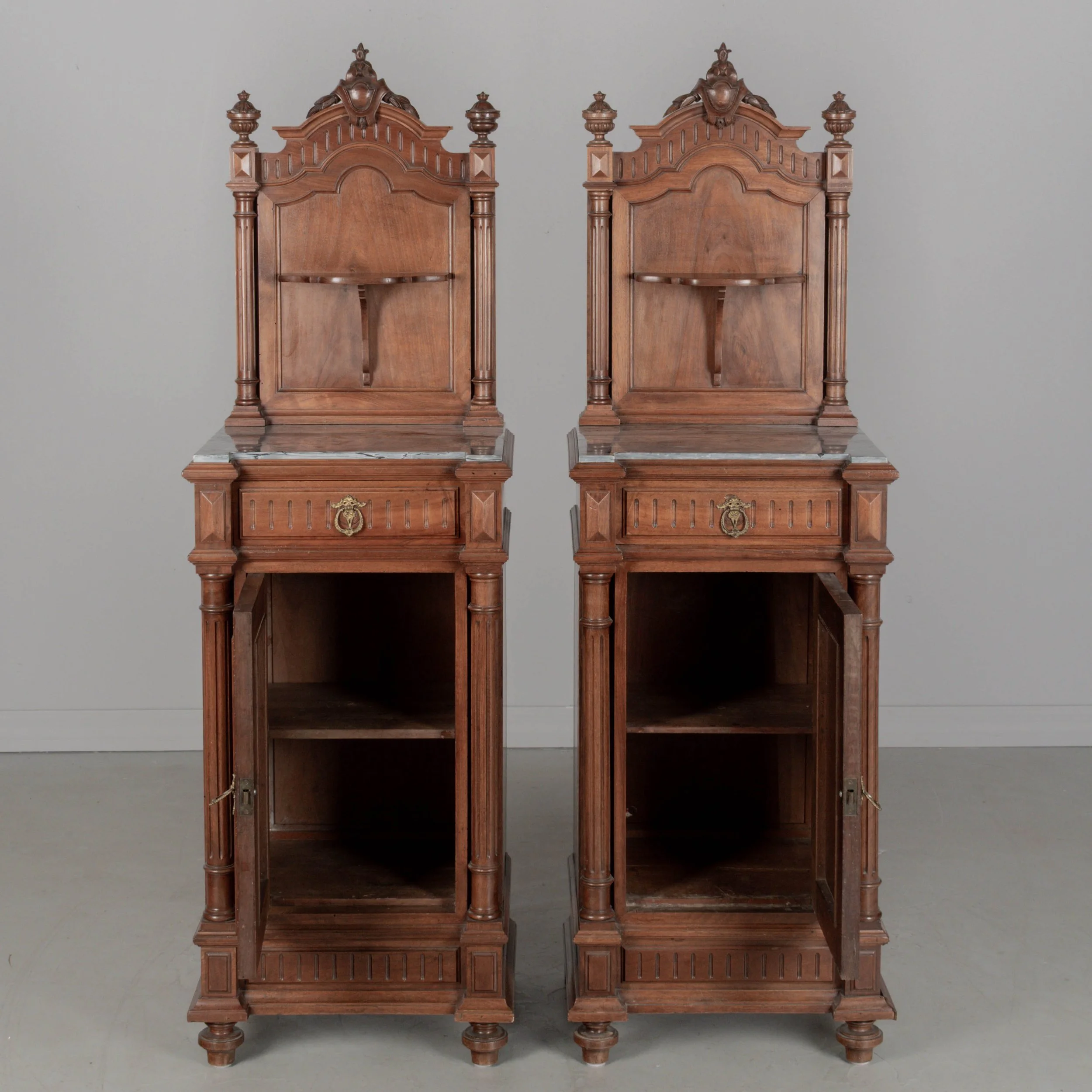 Pair of Italian Walnut Marble Top Nightstands
