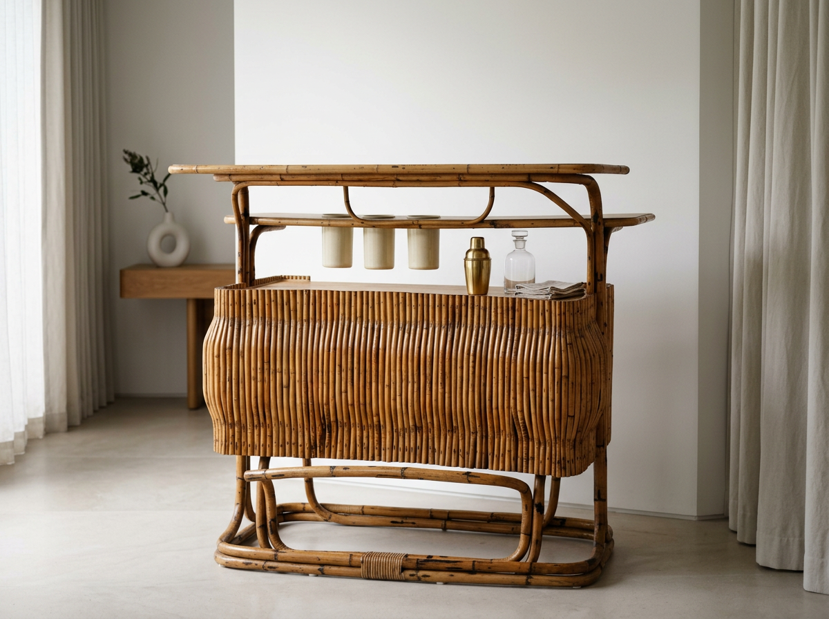 iMid-Century Modern Rattan Tiki Bar, Hand-Crafted, Italy,