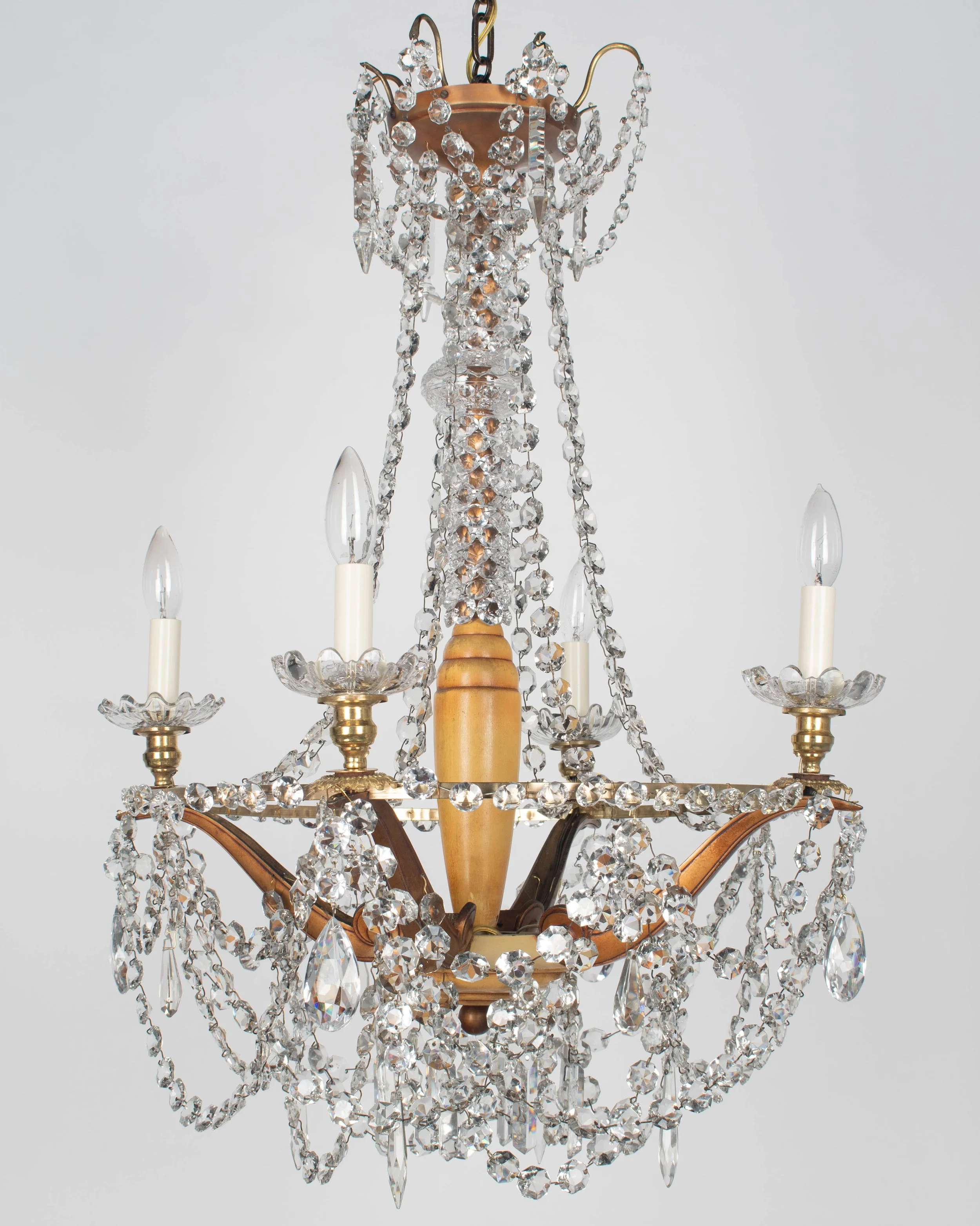French Art Deco Brass and Crystal Chandelier 4 Lights