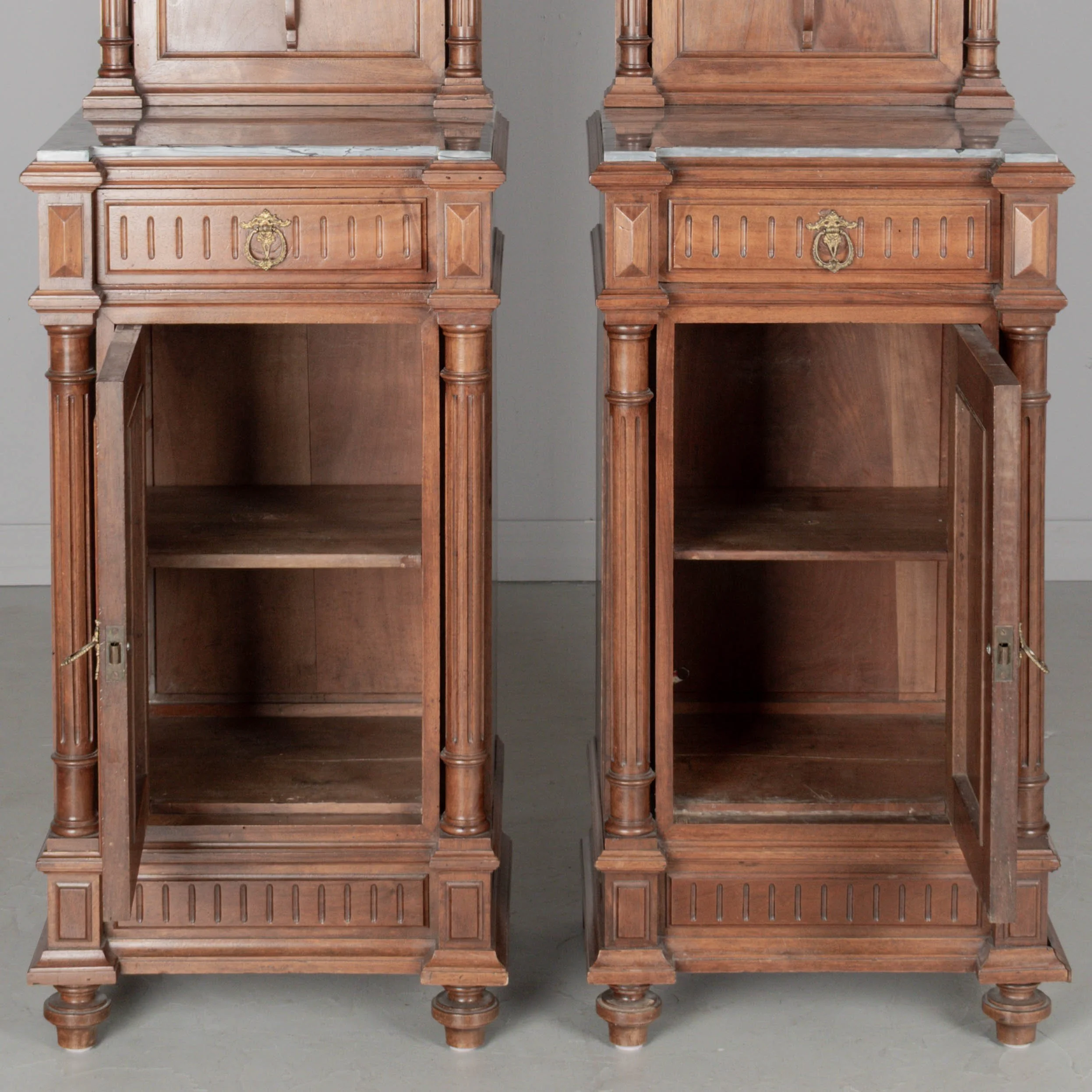Pair of Italian Walnut Marble Top Nightstands
