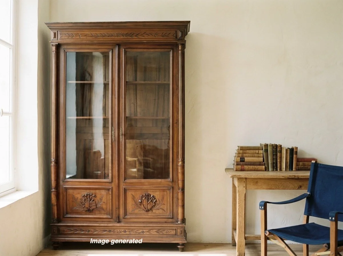 A 19th century French Louis XVI bibliotheque, or bookcase, made of solid walnut with mahogany as a secondary wood.