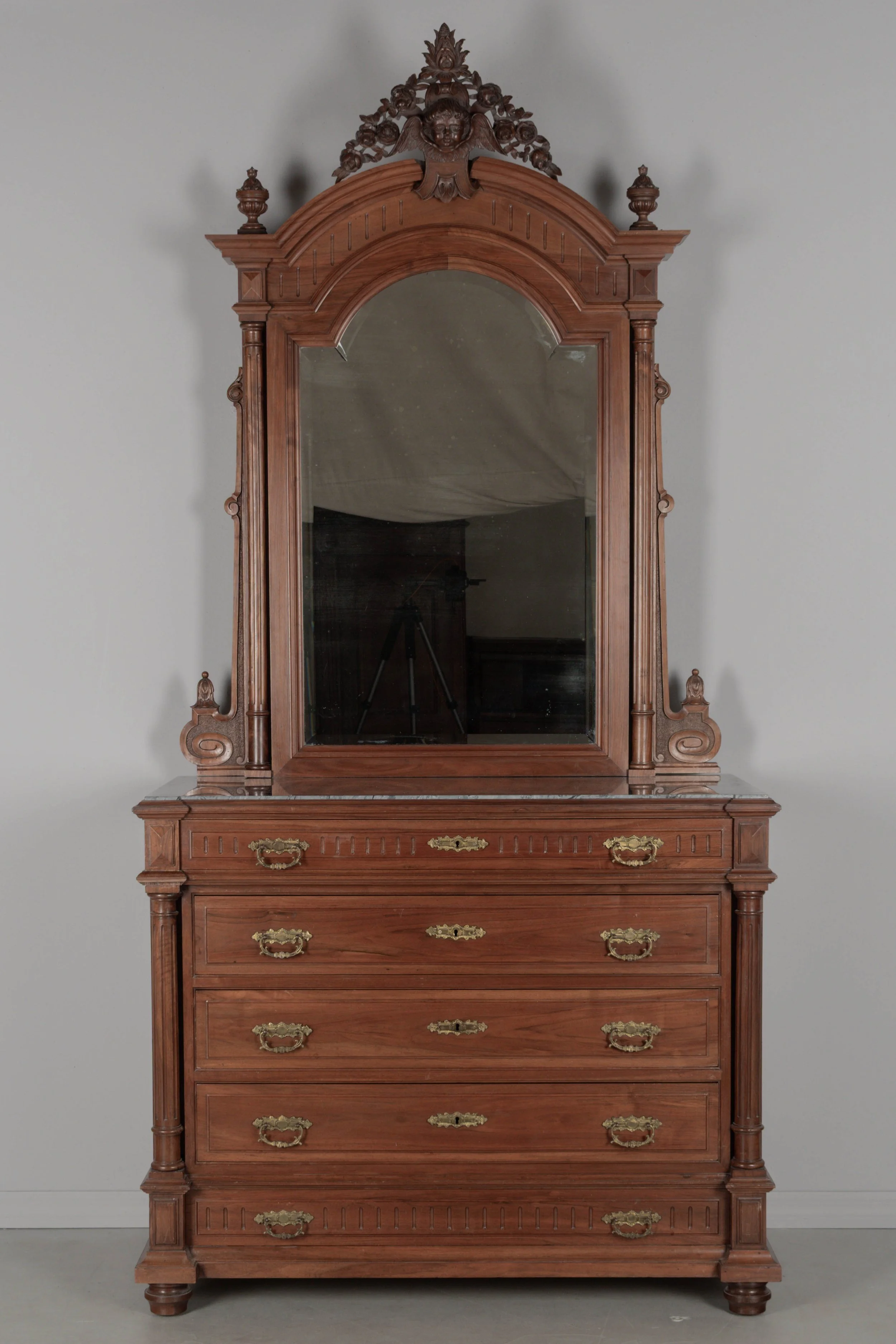 Italian Walnut Marble Top Dresser and Mirror