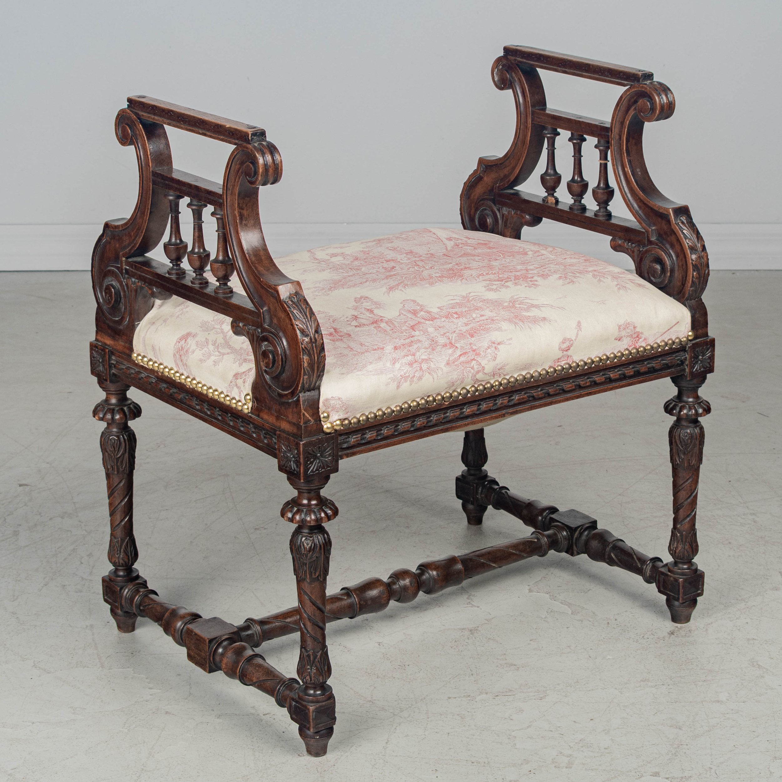 An early 20th century French Louis XV style piano bench, or stool with solid walnut frame