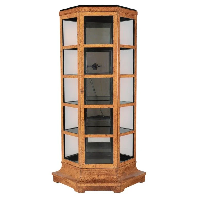 Biedermeier Hexagonal Vitrine, Elm Wood & Glass,