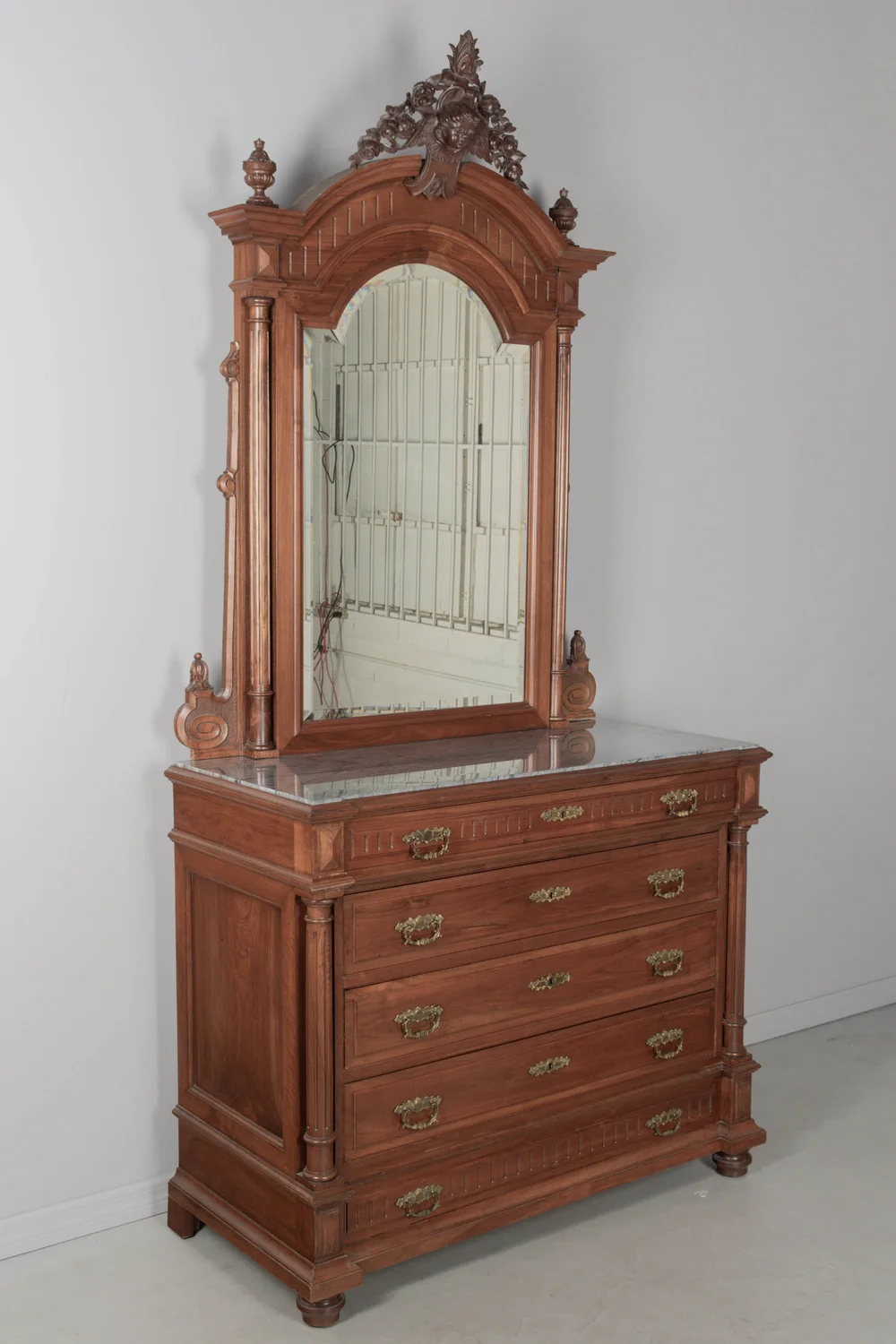 Italian Walnut Marble Top Dresser and Mirror Italian Walnut Marble Top Dresser and Mirror
