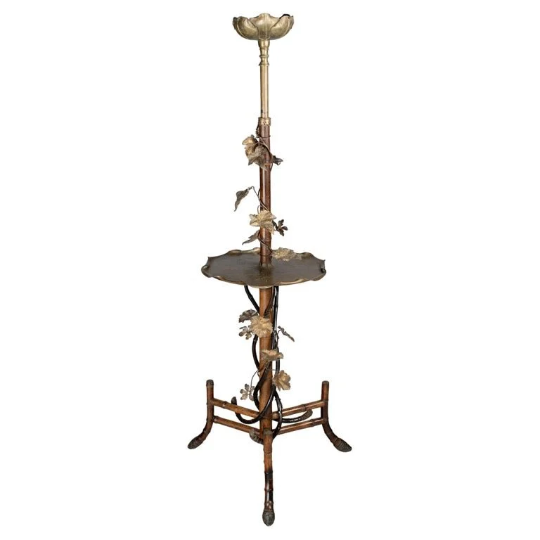 French Art Nouveau Bamboo Torchiere Floor Lamp with Table