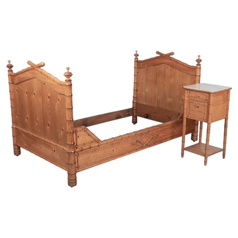 19th Century French Faux Bamboo Bed and Nightstand