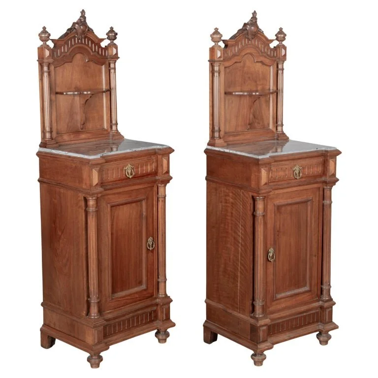 Pair of Italian Walnut Marble Top Nightstands