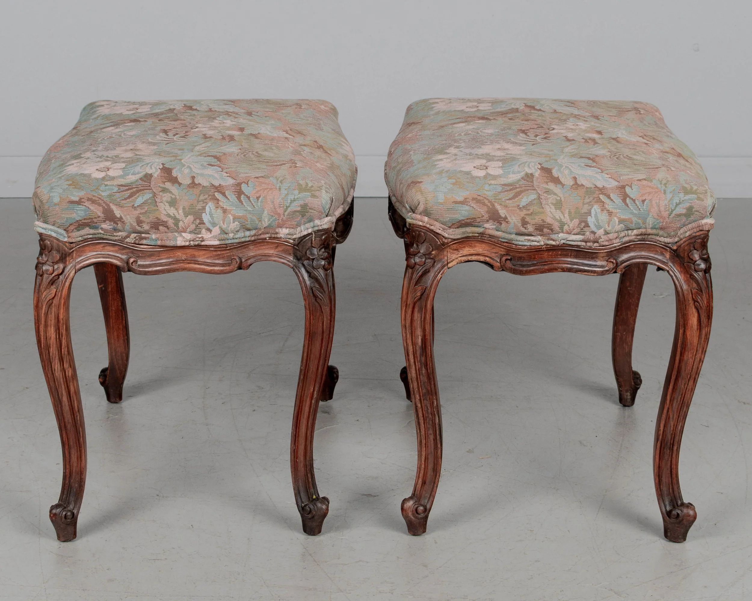 Pair of French Louis XV Style Stools, Carved Beechwood, 1920s