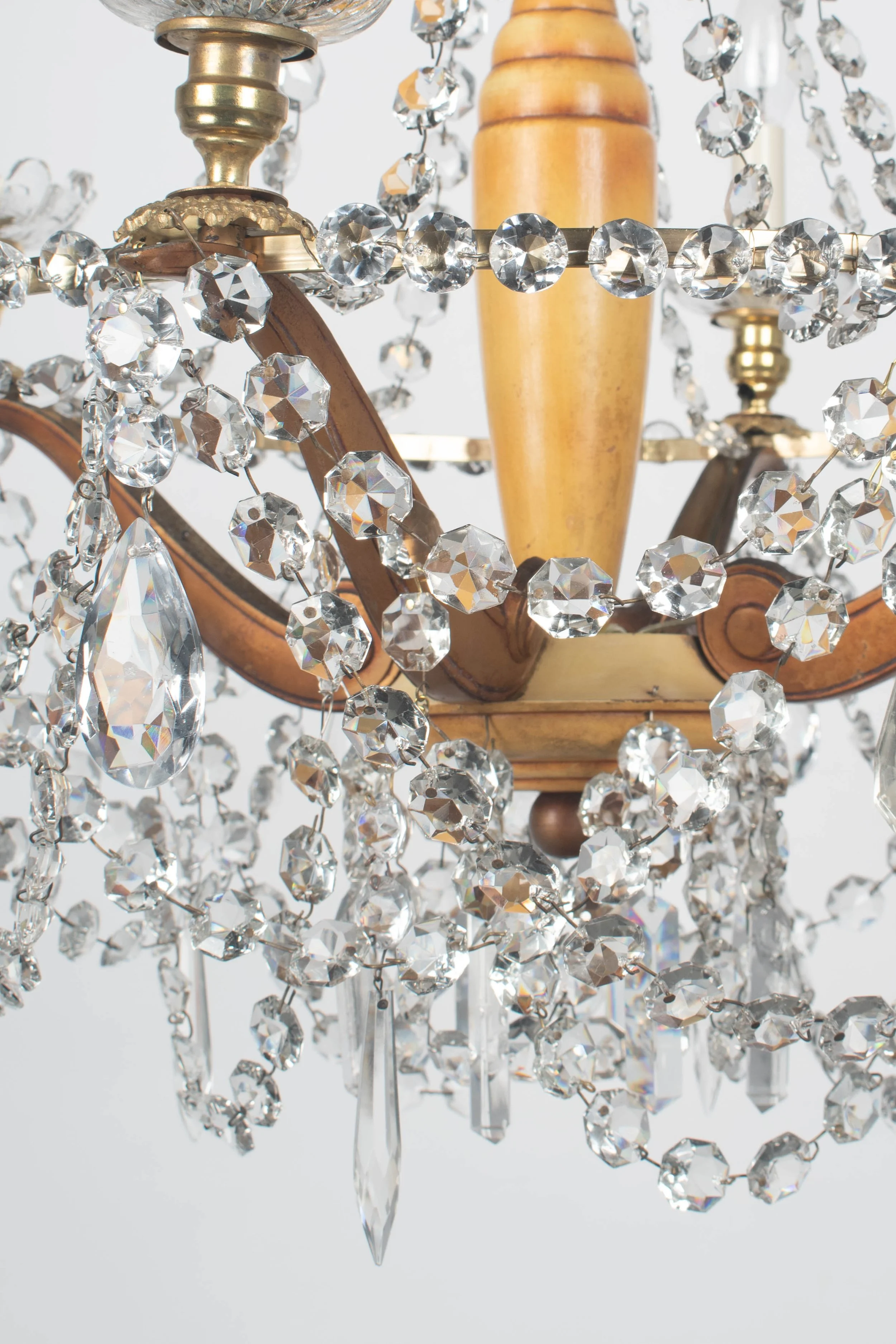 French Art Deco Brass and Crystal Chandelier 4 Lights