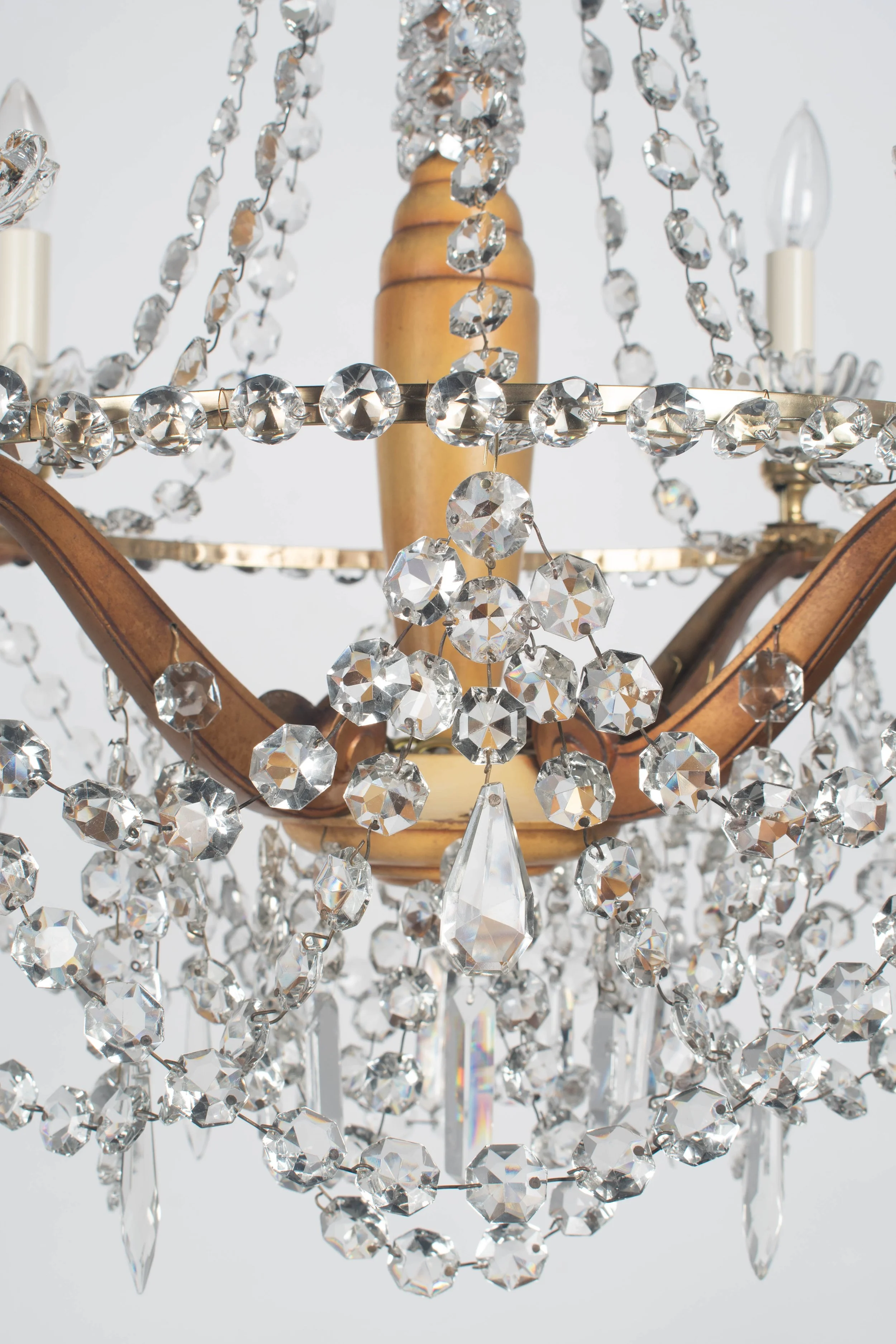 French Art Deco Brass and Crystal Chandelier 4 Lights