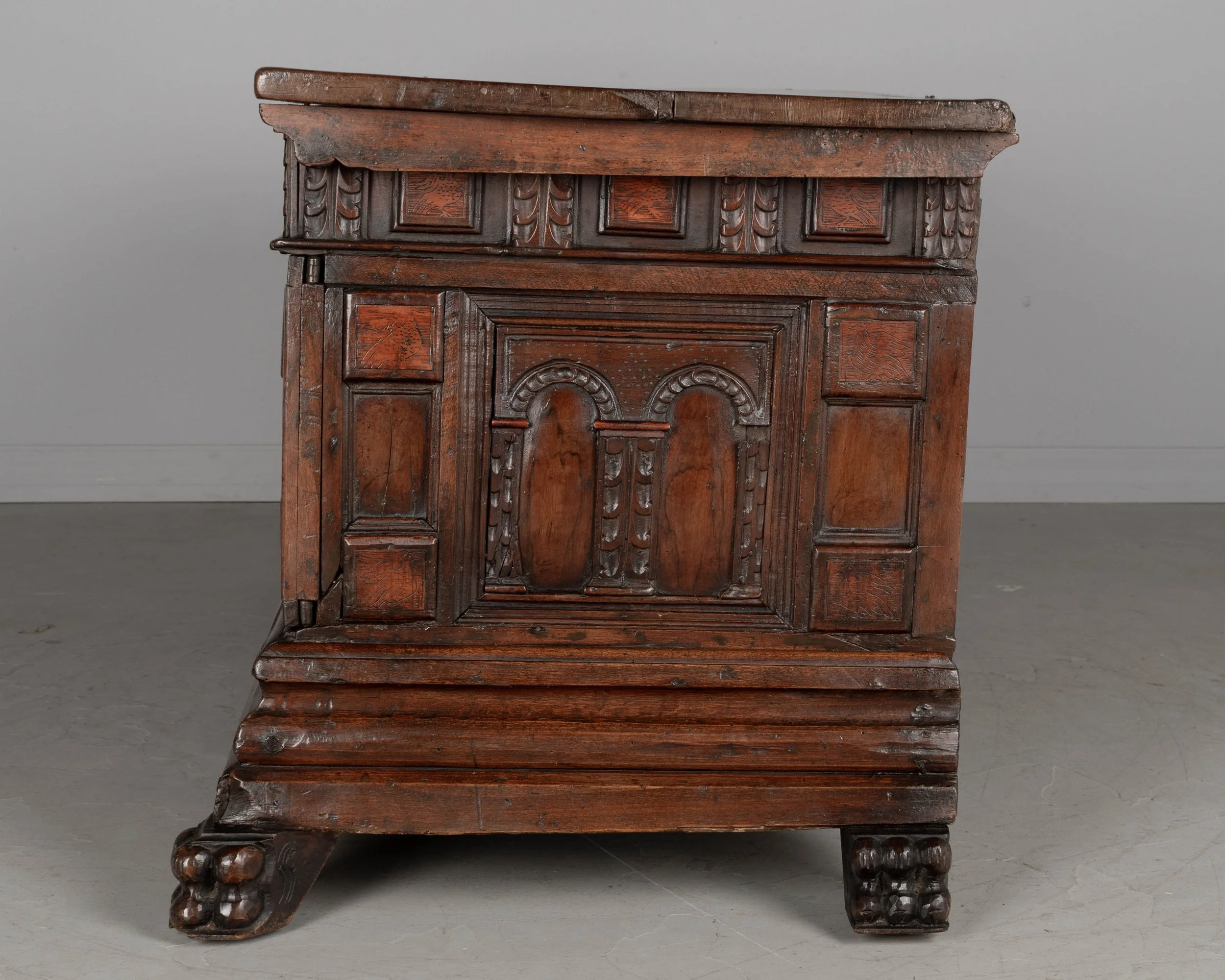 A suberb 18th century Italian Rennaissance style Baroque cassone, or marriage chest, made of solid walnut.