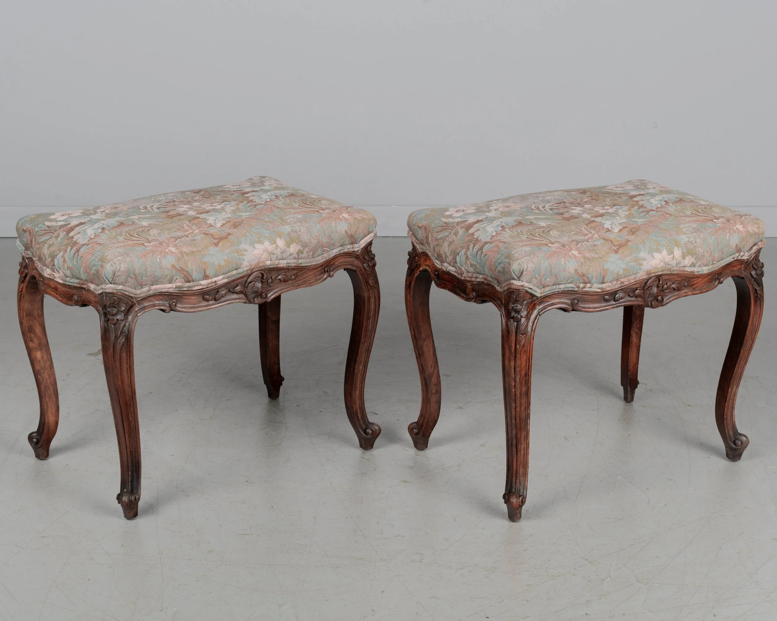 Pair of French Louis XV Style Stools, Carved Beechwood, 1920s
