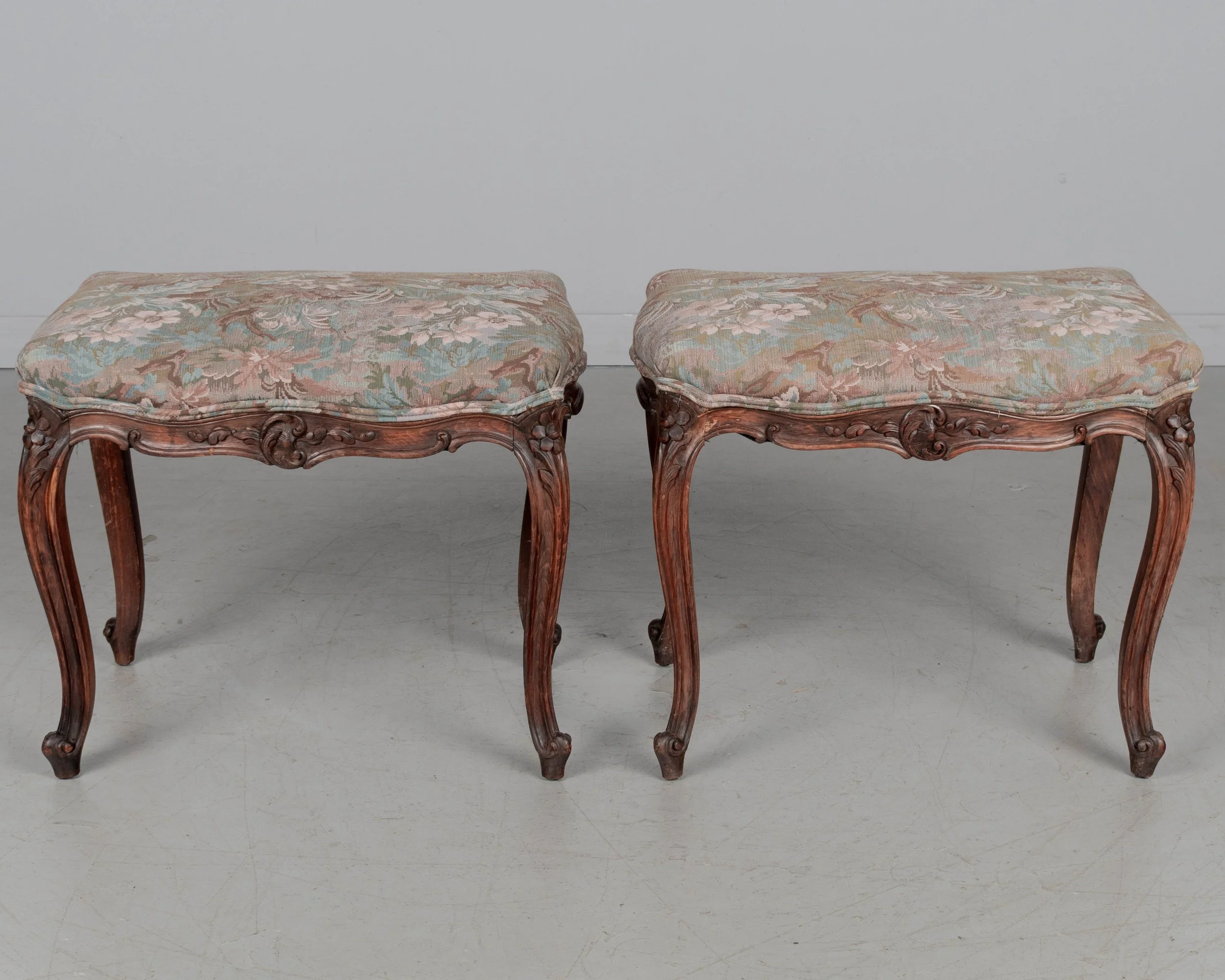 Pair of French Louis XV Style Stools, Carved Beechwood, 1920s