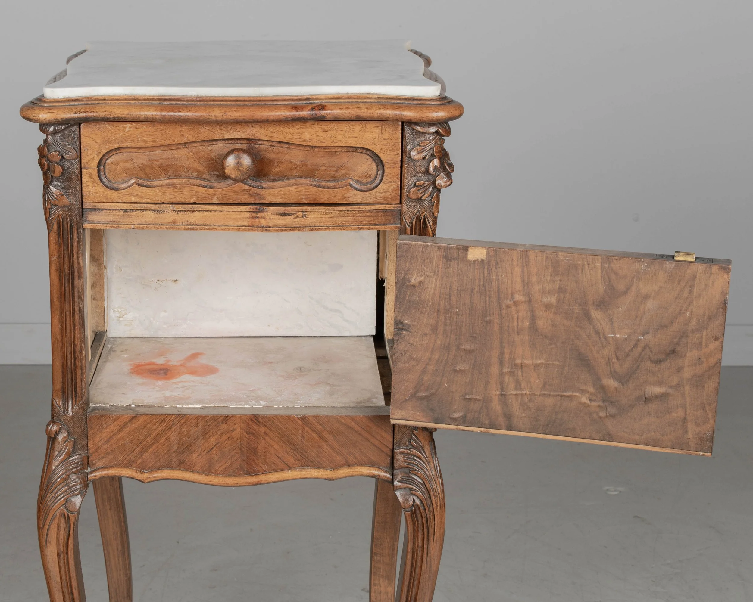French Louis XV Style Nightstand, Walnut with Marble Top,