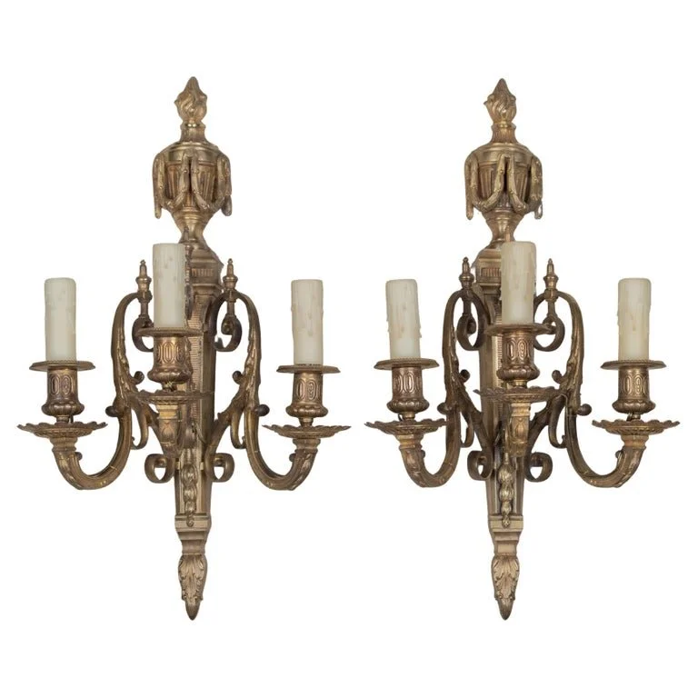 Pair of 19th Century Louis XVI Style Cast Bronze Wall Sconces