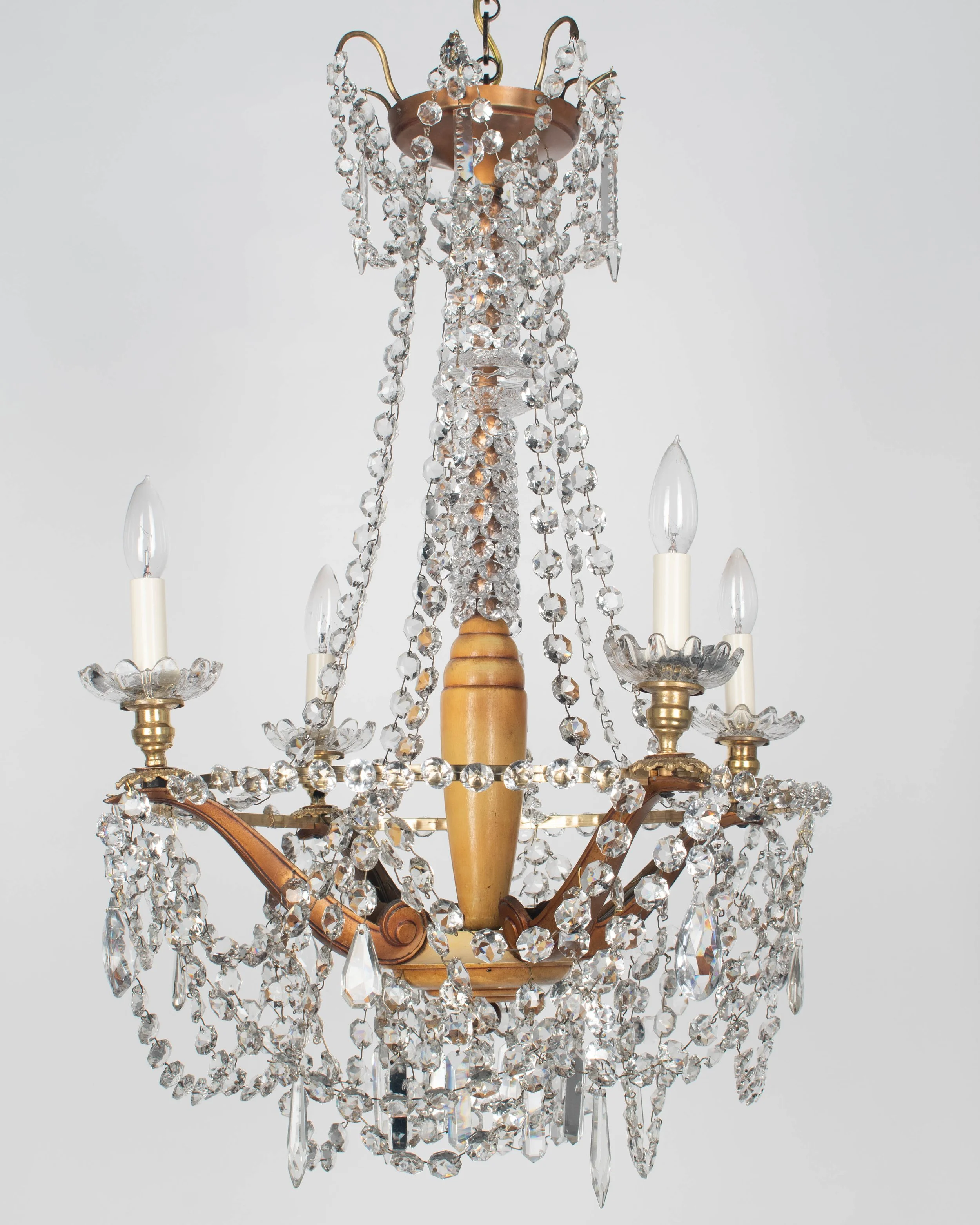 French Art Deco Brass and Crystal Chandelier 4 Lights
