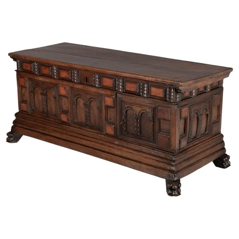 A suberb 18th century Italian Rennaissance style Baroque cassone, or marriage chest, made of solid walnut.