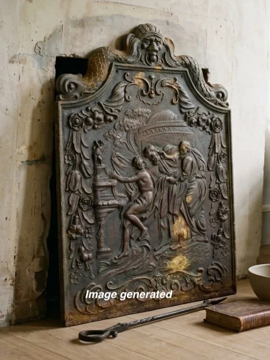 An 18th century French cast iron fireback featuring a highly detailed biblical narrative bas relief.