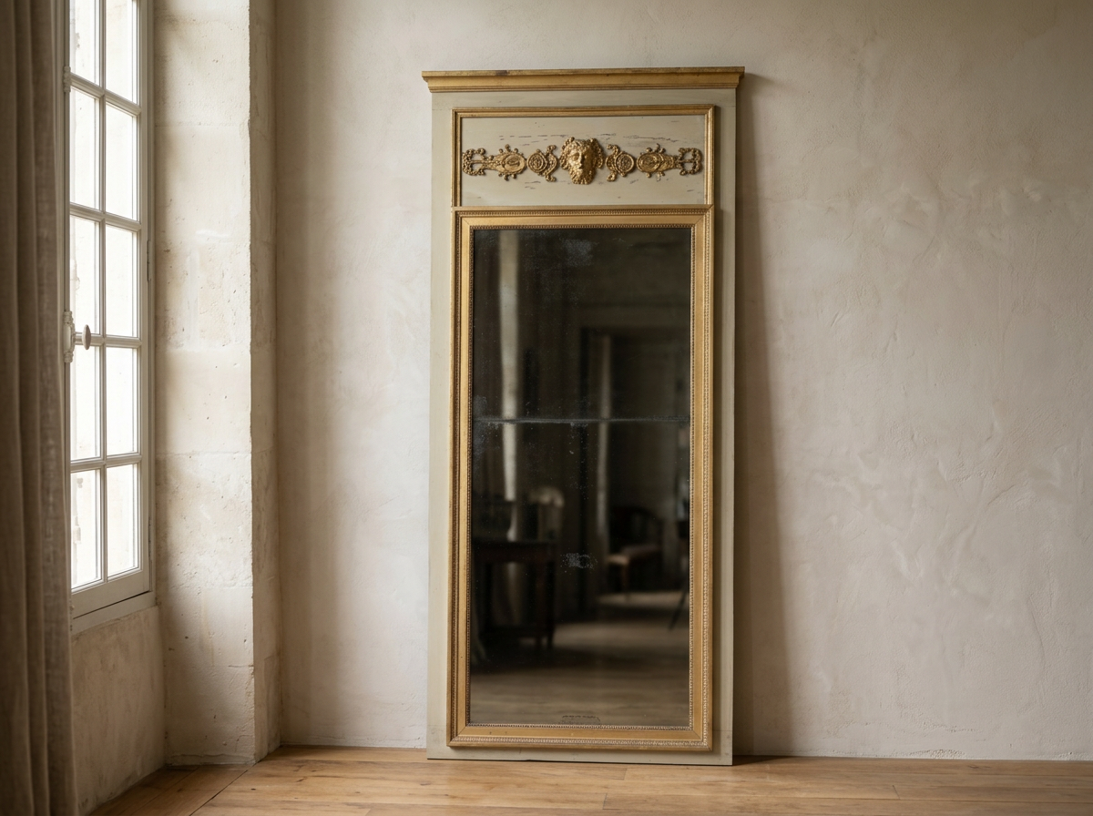 An early 20th century French Louis XVI style trumeau mirror with painted pine frame and gilded trim