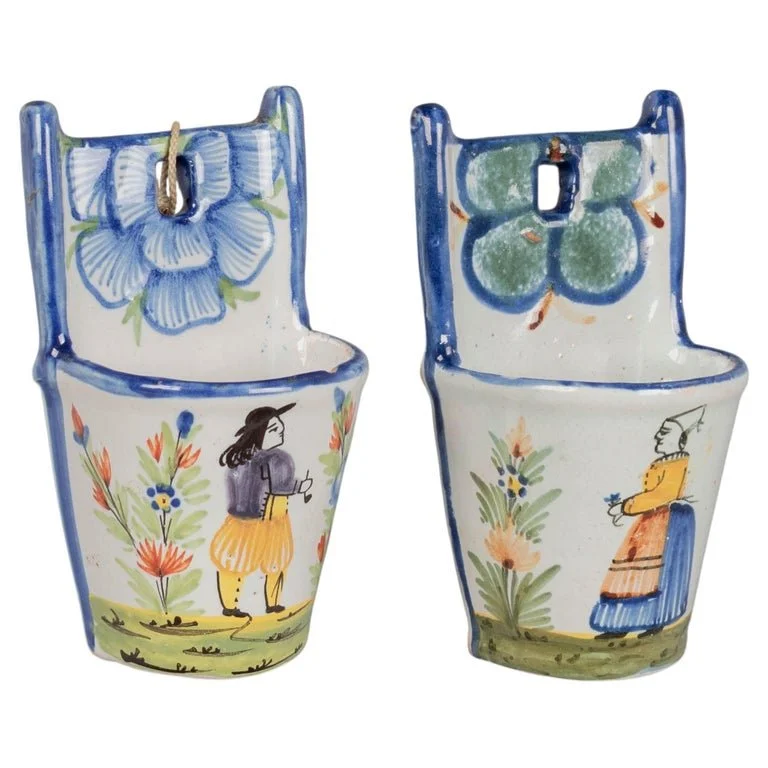 19th Century French Faience Bénitier, or Wall Pocket, Hand-Painted